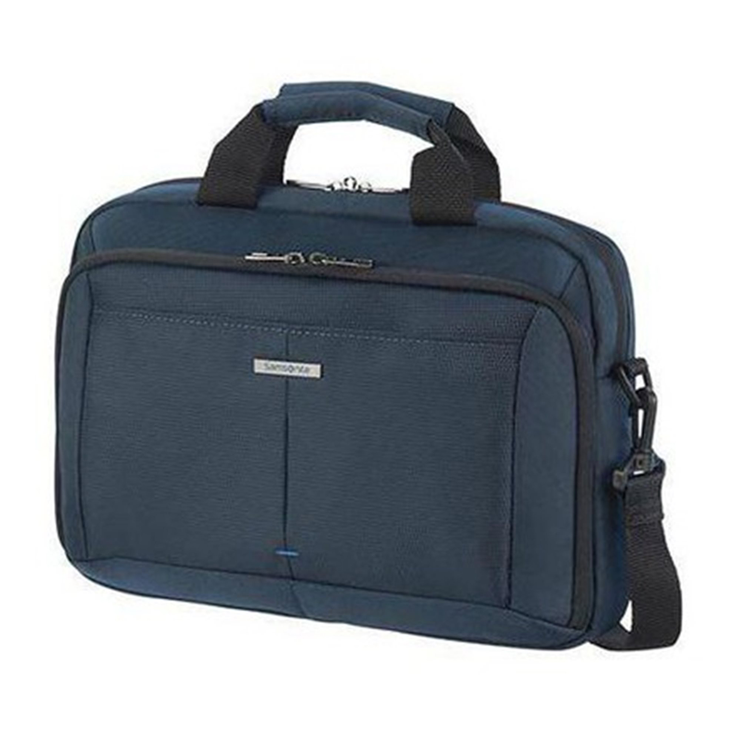 Una ventiquattrore Samsonite blu navy con maniglia e tracolla.