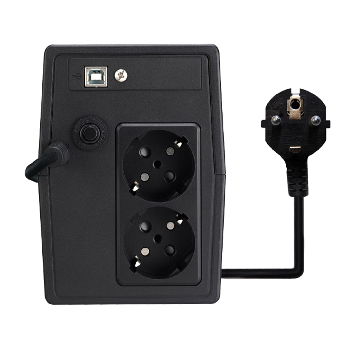 Un gruppo di continuità nero con porta USB e due prese di corrente, con una spina a destra.
