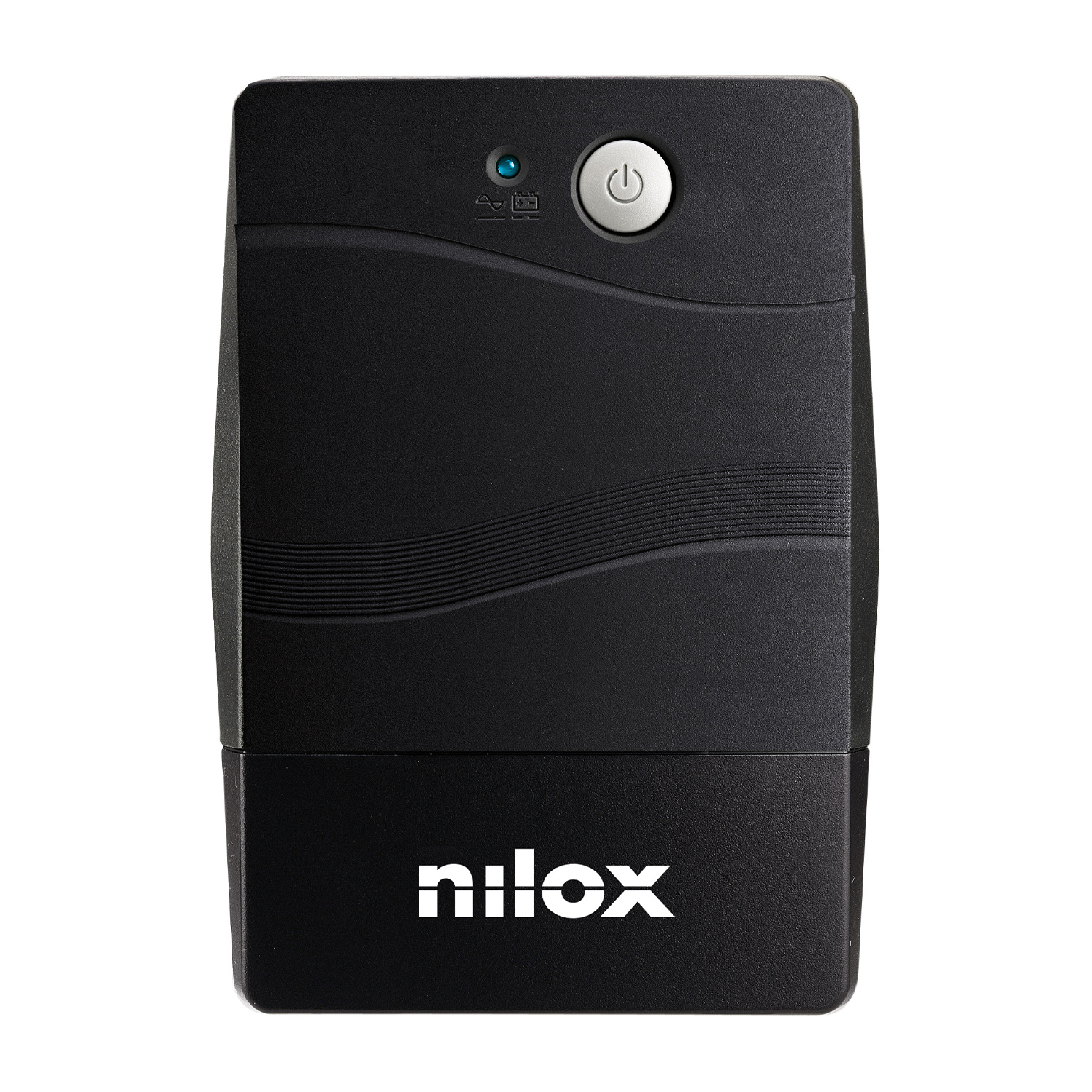 Dispositivo UPS nero con pulsante di accensione bianco e logo Nilox sulla parte anteriore.