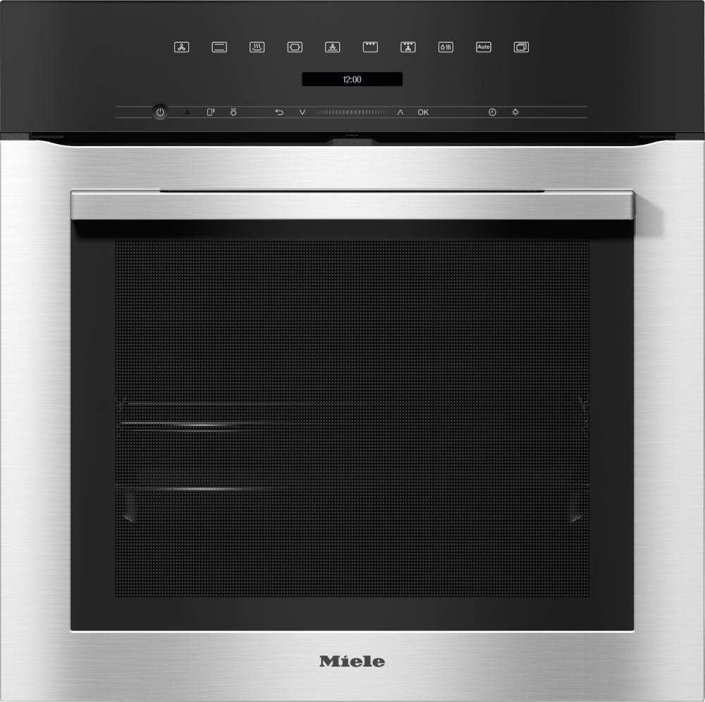 Zilveren oven met zwart bedieningspaneel, knoppen en digitale klokweergave 12:00. Miele logo.