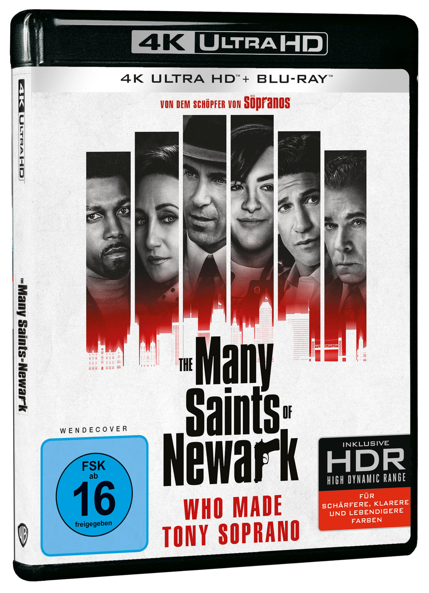 Das Cover der Blu-ray von 'The Many Saints of Newark'. Zeigt Gesichter von Schauspielern und den Filmtitel.