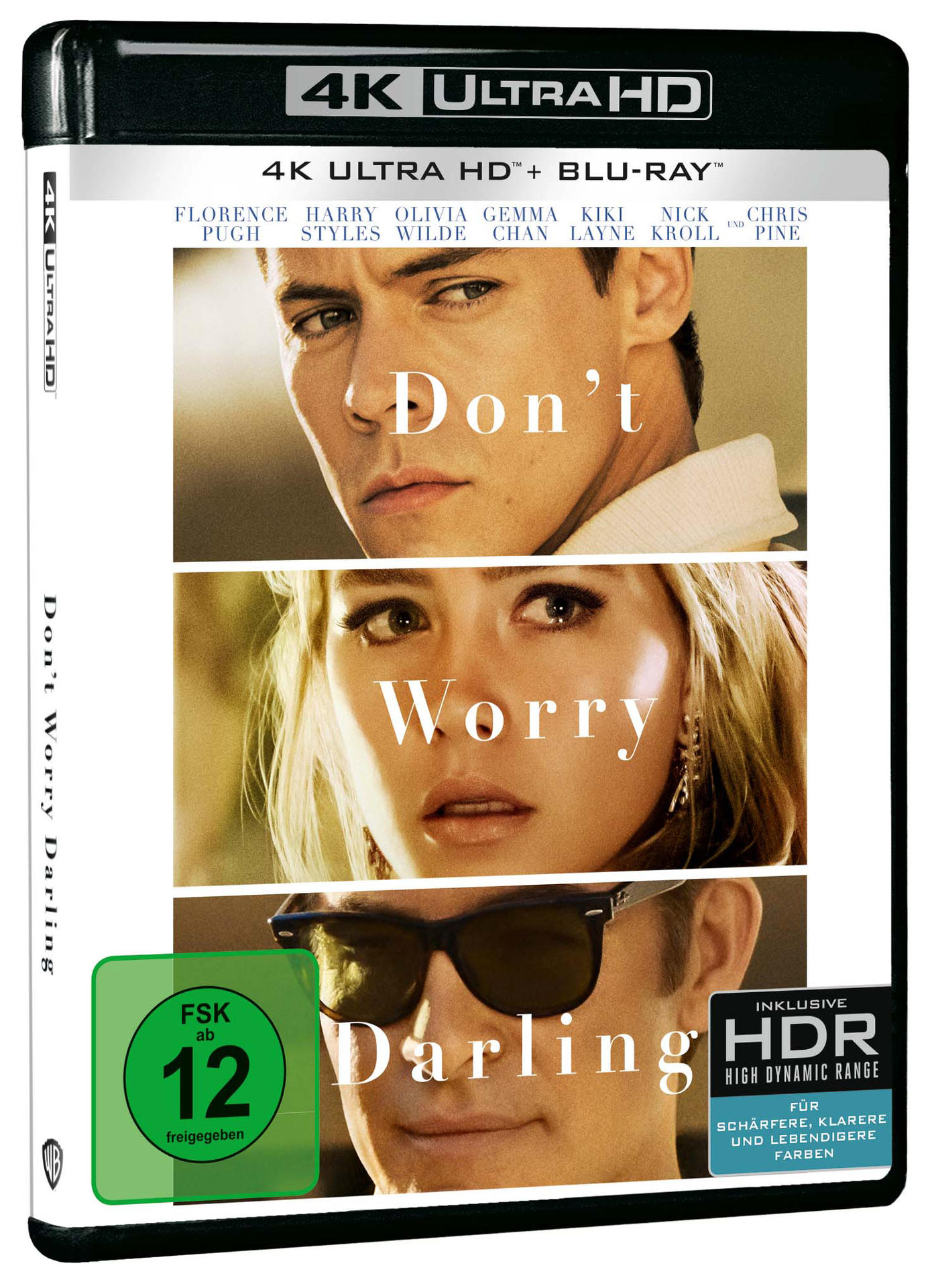 Filmcover einer 4K Ultra HD Blu-ray Disc. Zeigt Schauspieler und den Titel 'Don't Worry Darling'.