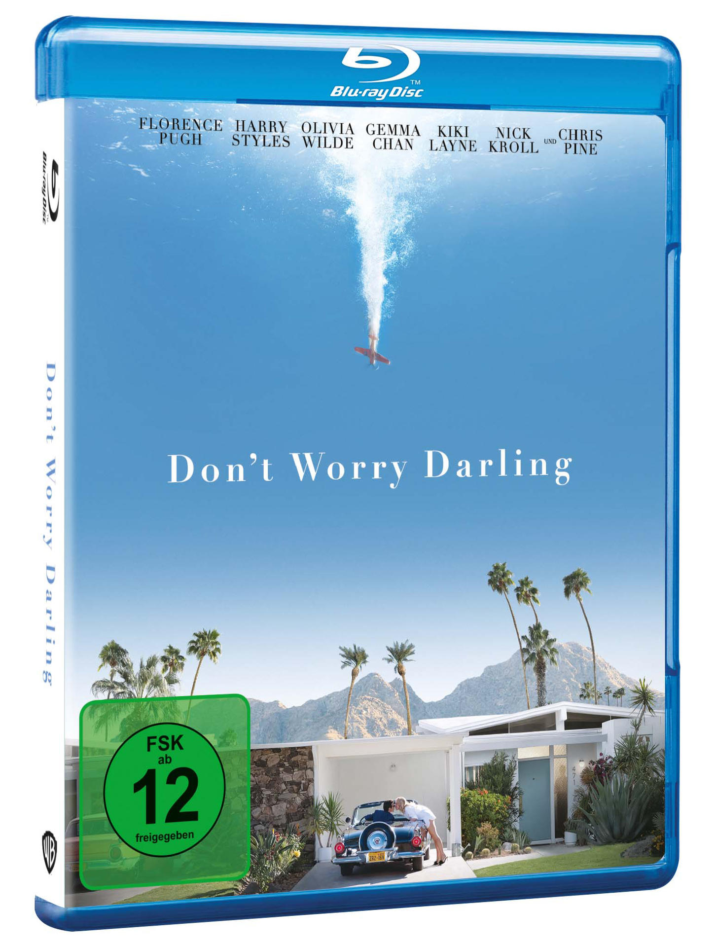 Blu-ray Disc-Hülle für den Film 'Don't Worry Darling'. Das Cover zeigt ein Haus, ein Auto und ein Flugzeug.