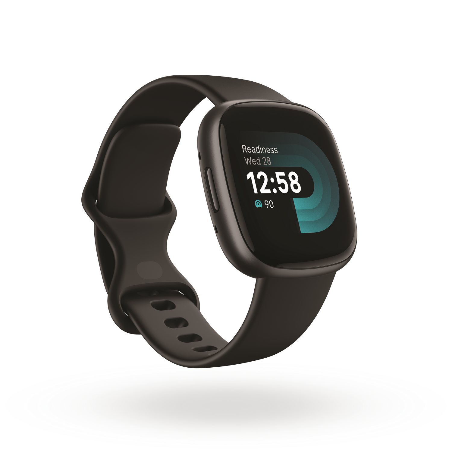 Een zwarte Fitbit Versa smartwatch met een donker scherm dat tijd en activiteitgegevens weergeeft, op een zwarte achtergrond.