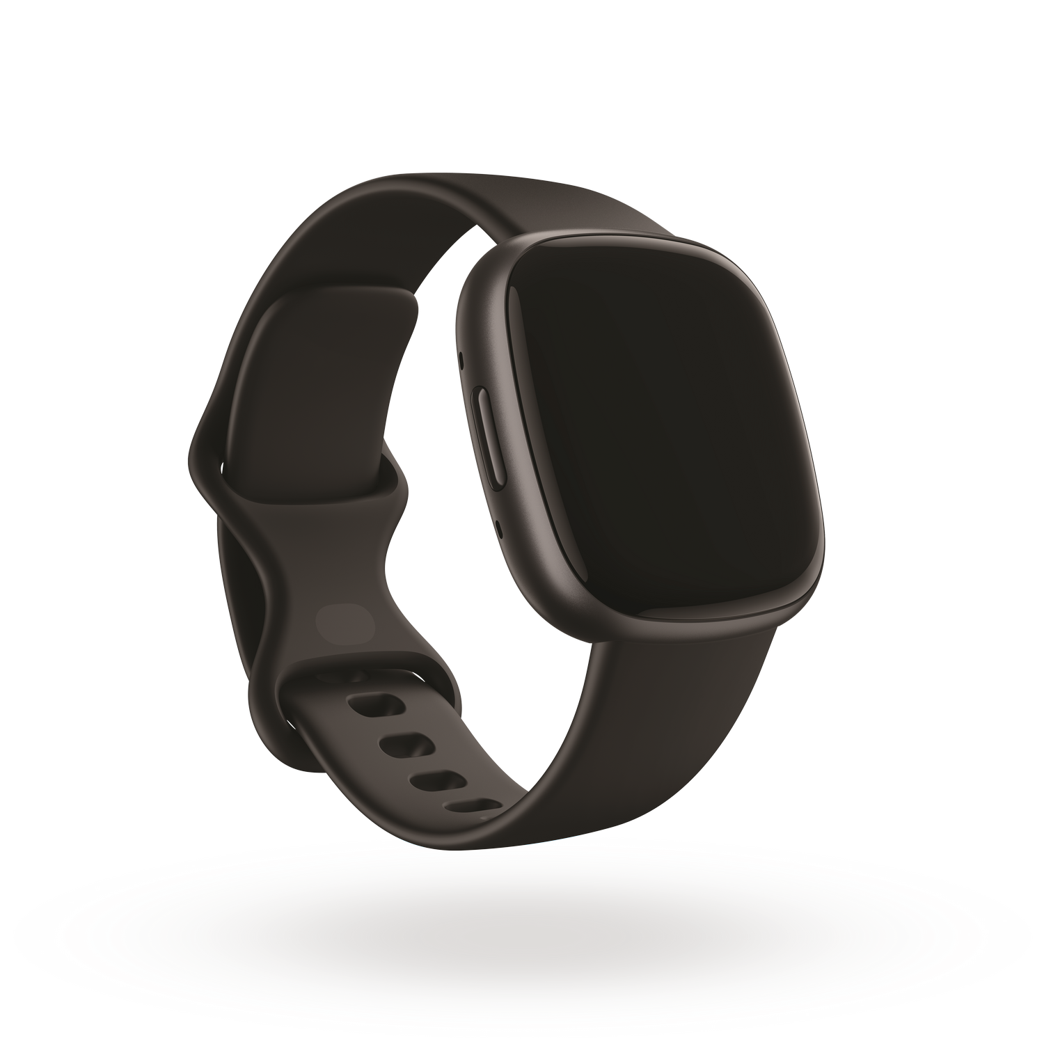 Zwarte smartwatch om de pols met een zwarte band, tegen een donkerblauwe en grijze achtergrond.