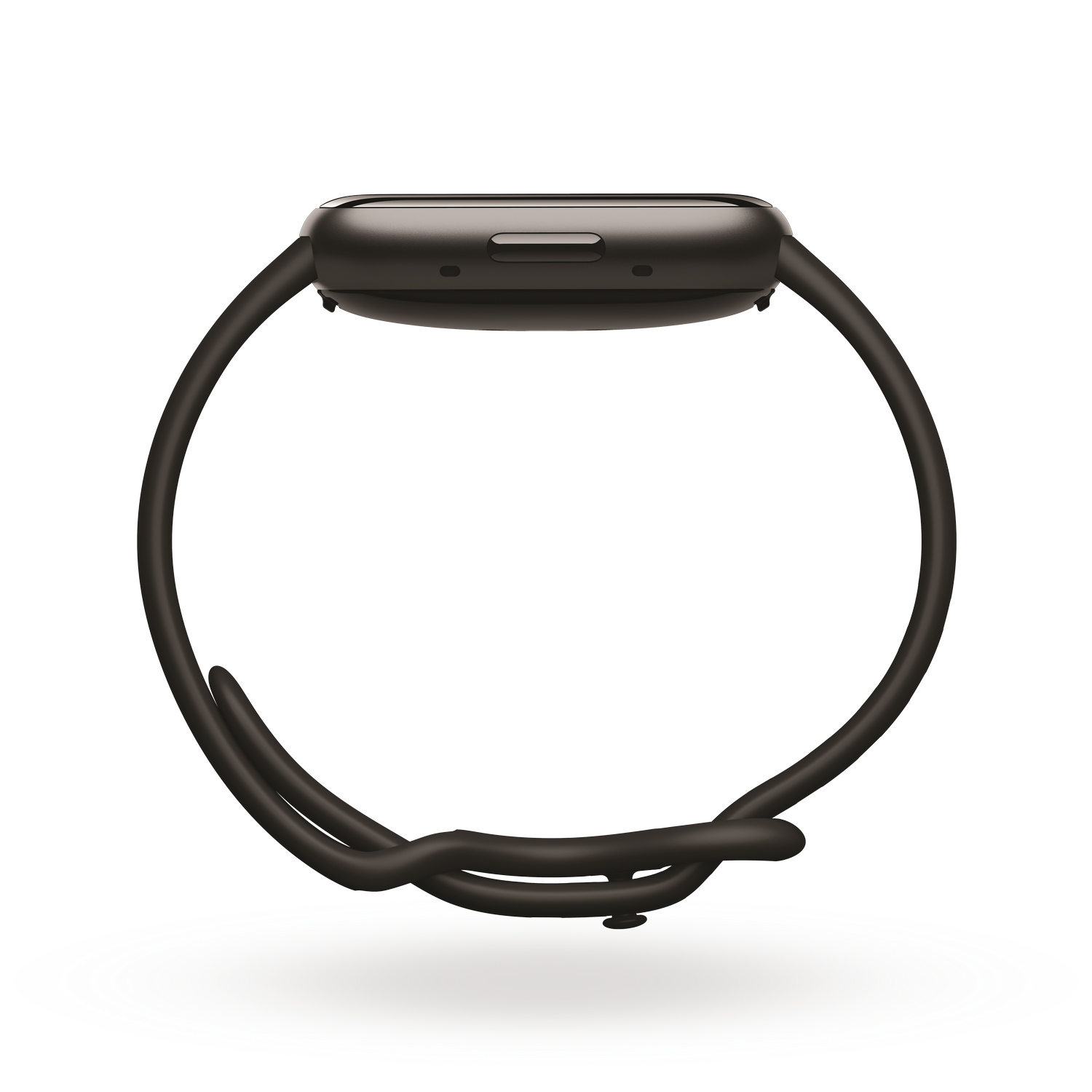 Een zwarte smartwatch met een donkere band en een zwarte achtergrond.