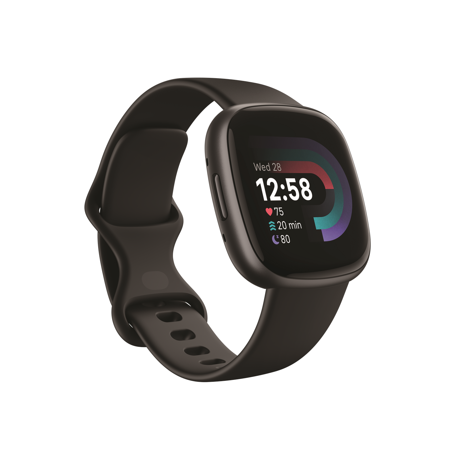Een zwarte smartwatch met bandje. Het scherm toont tijd, hartslag en activiteitsgegevens. Op zwart.