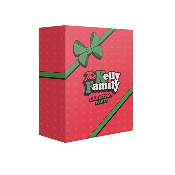 Eine rote Geschenkbox mit grüner Schleife und den Worten "The Kelly Family Christmas Party" darauf.