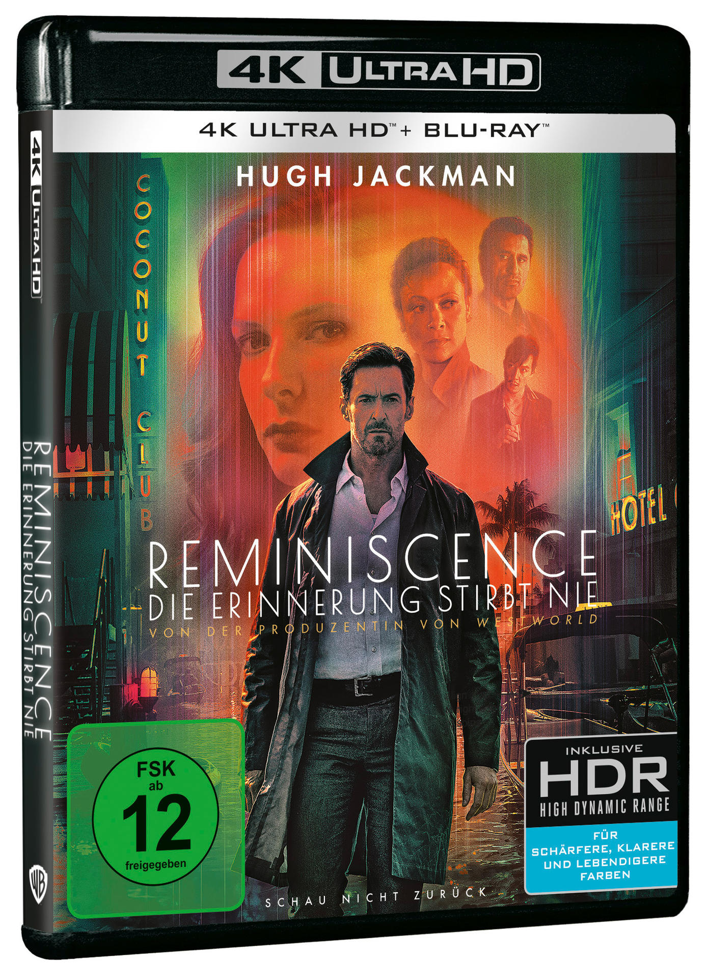 Filmplakat mit Hugh Jackman. Titel: Reminiscence. Enthält Text: 4K ULTRA HD + BLU-RAY.