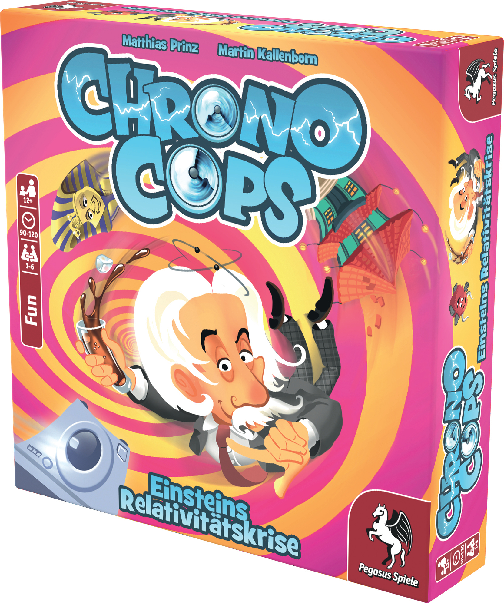 Schachtel des Brettspiels Chrono Cops mit einer Einstein-ähnlichen Figur auf dem Cover.