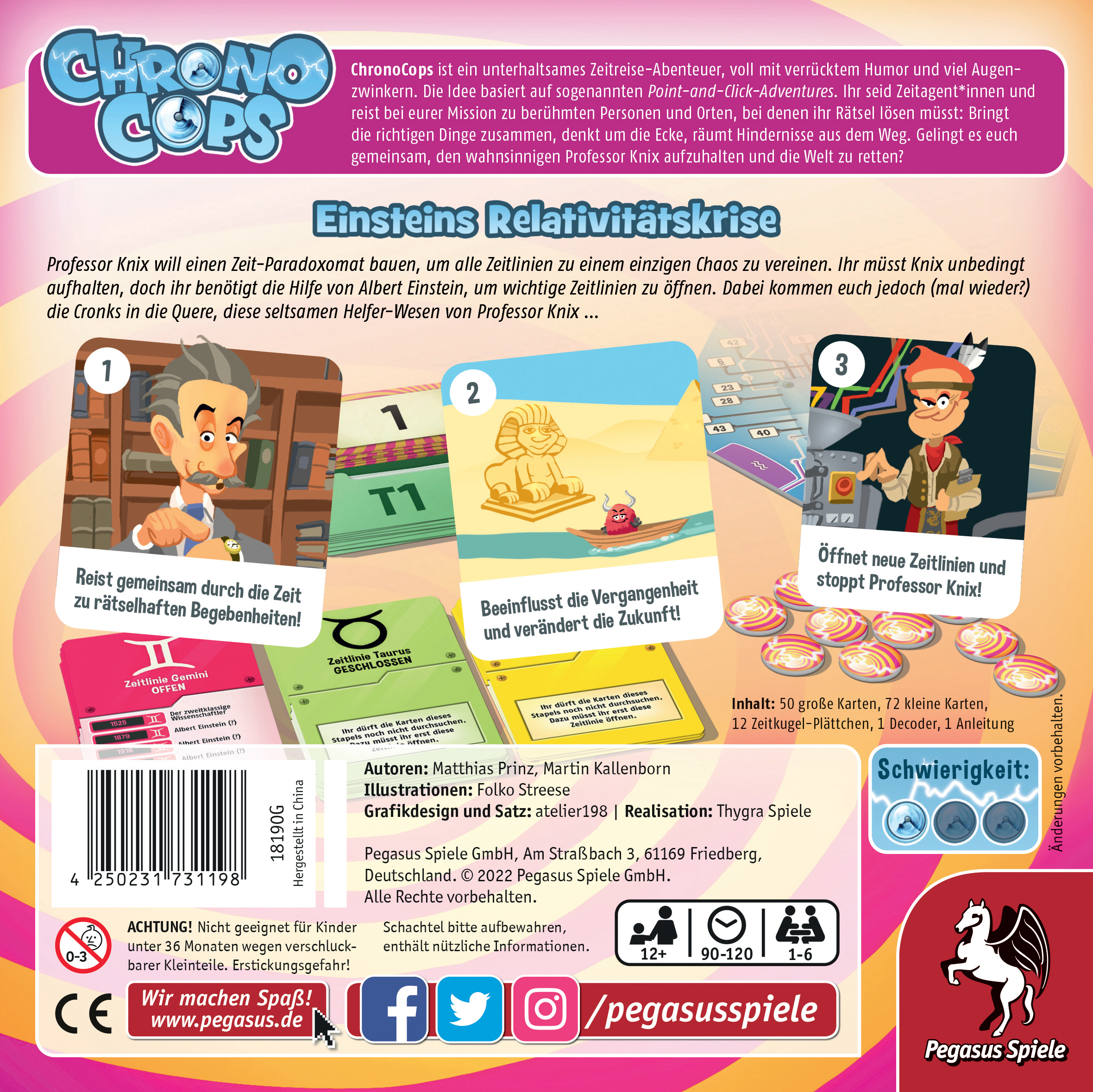 Brettspielbox mit Text und Grafiken. Karten und Komponenten werden angezeigt.