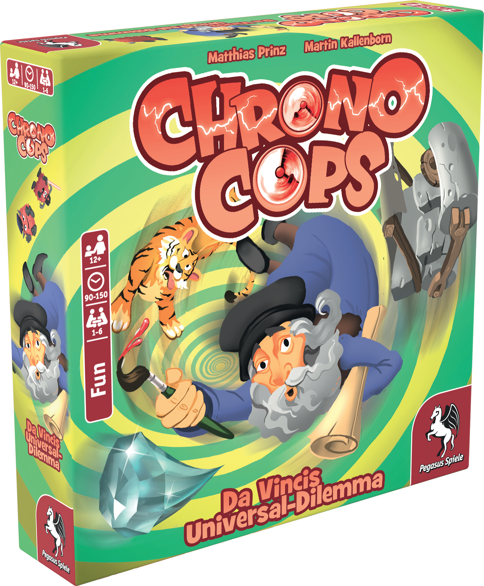 Brettspielbox: „Chrono Cops“, Da Vincis Dilemma, mit Illustrationen von Charakteren.