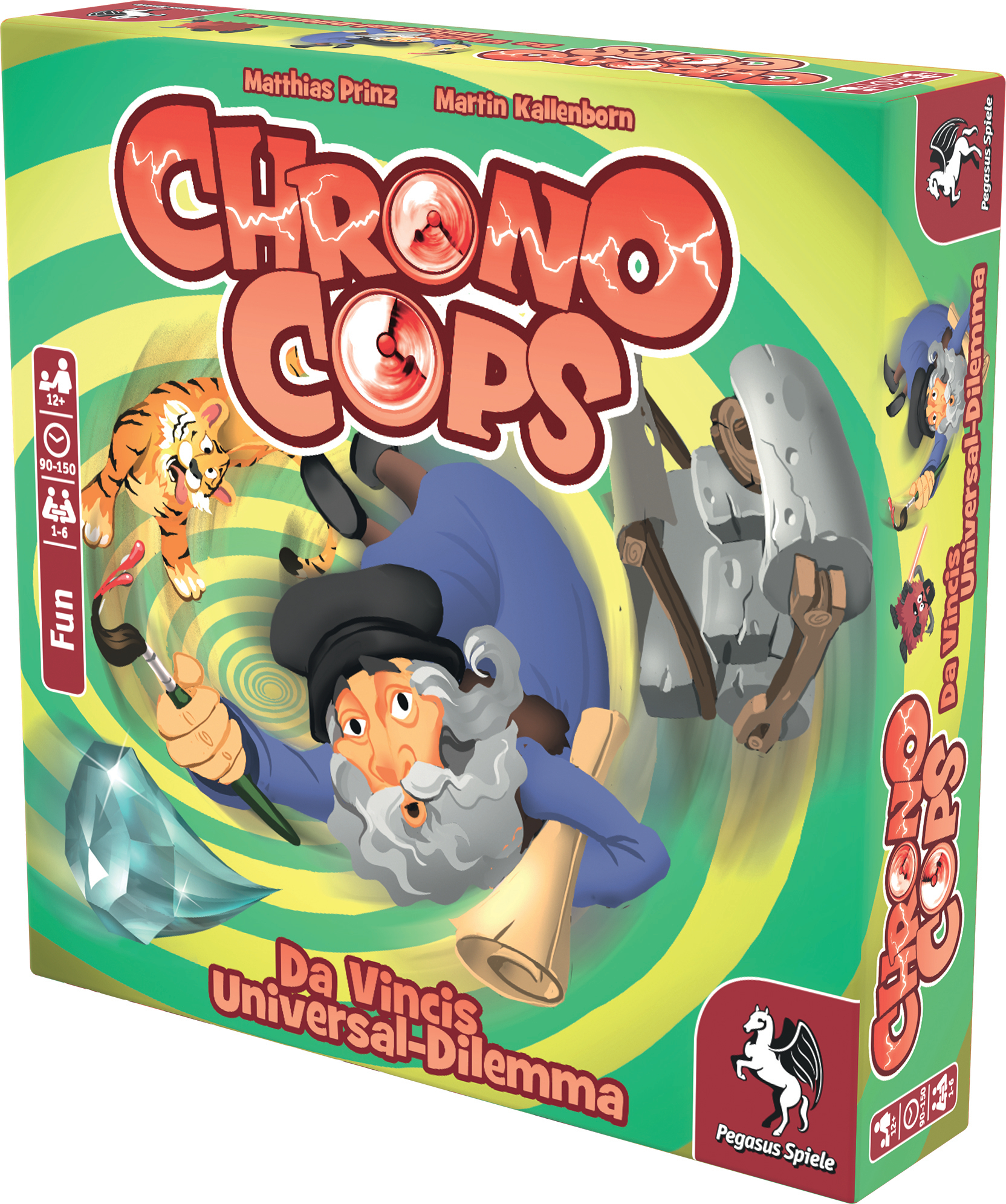 Brettspielbox. Titel 'Chrono Cops'. Figuren gezeichnet, Tiger und Zauberer. Grüner Hintergrund.