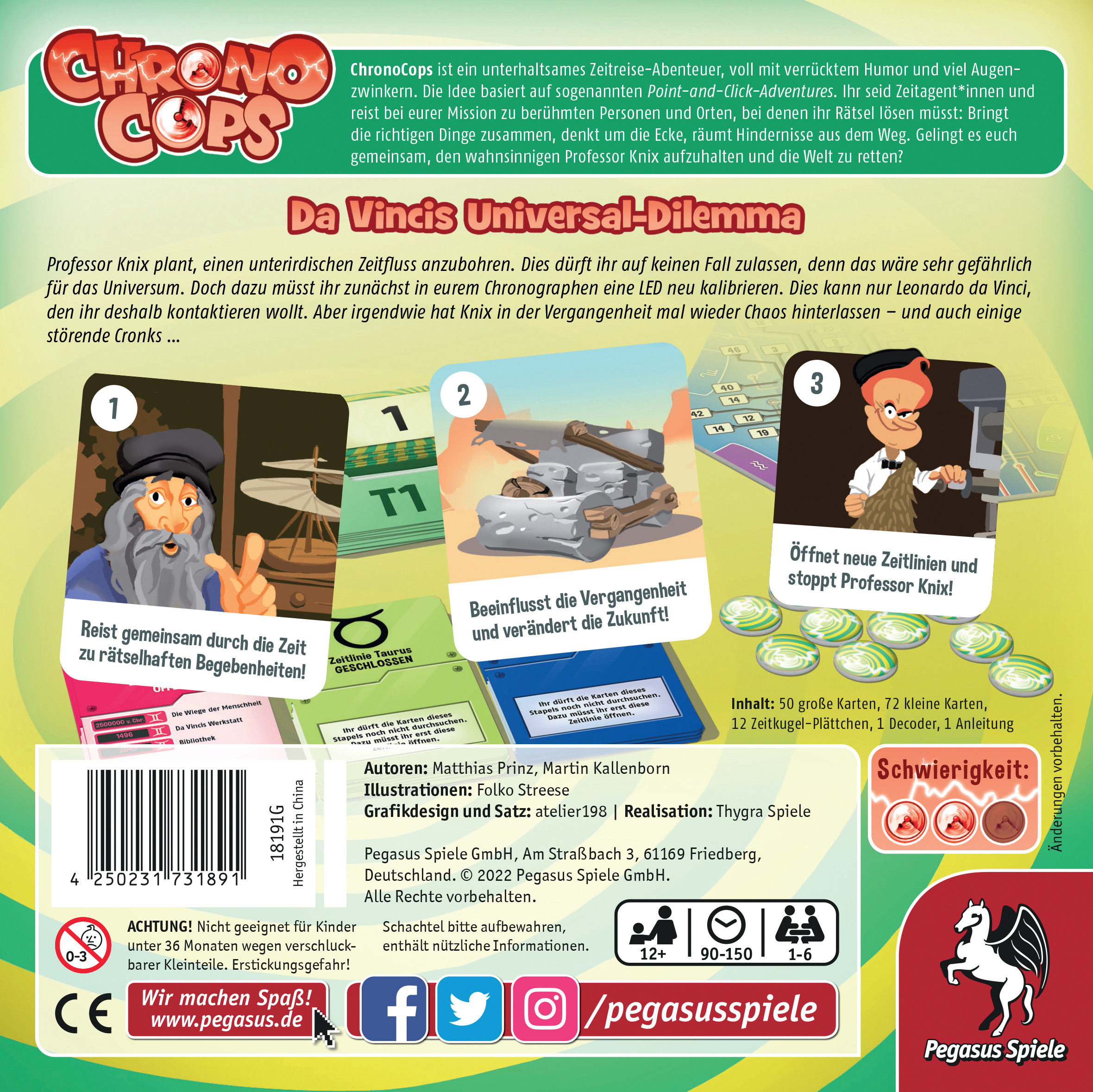 Spielbox mit Comicfiguren, Anweisungen und Spielsteinen.