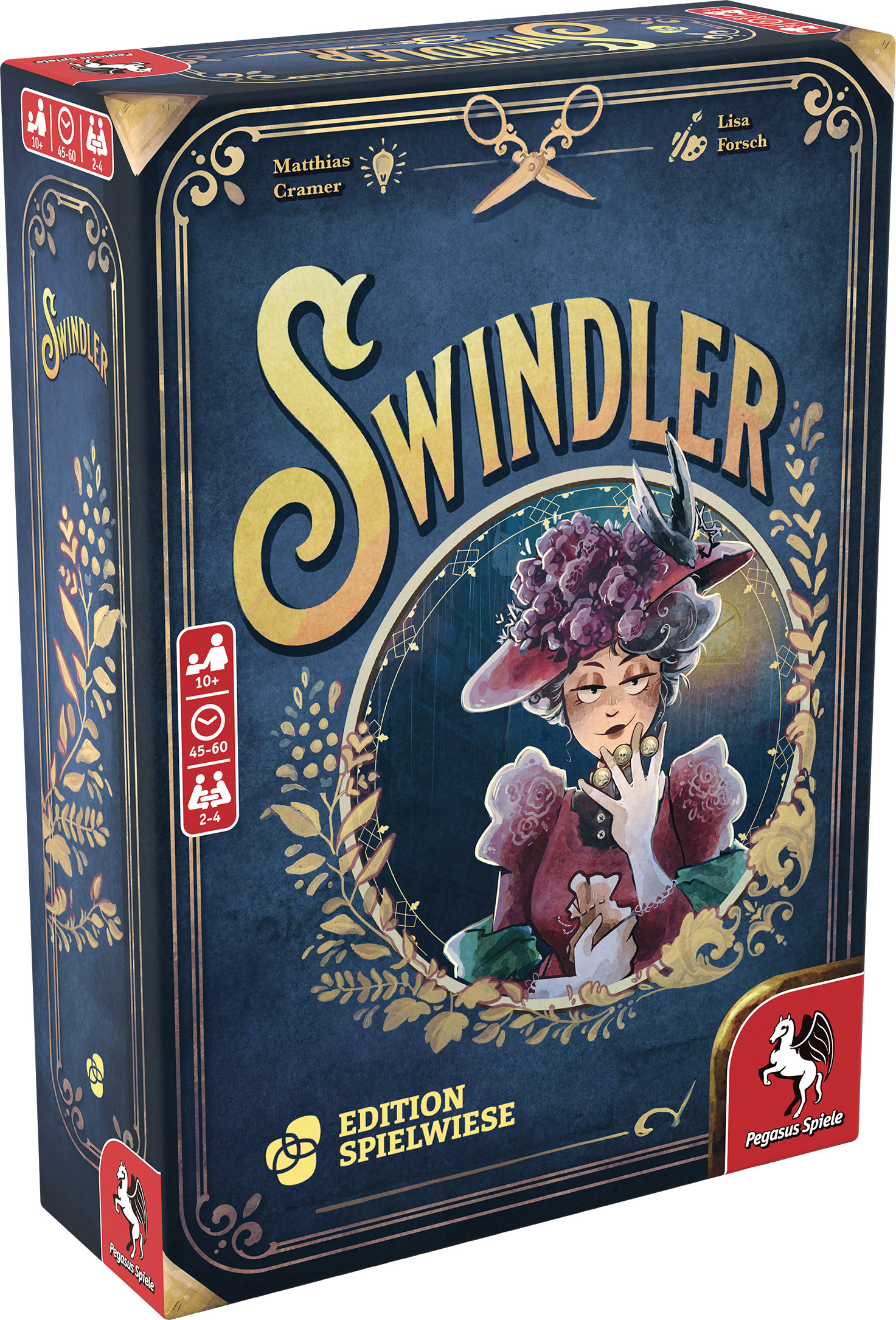 Eine Brettspielbox mit dem Titel 'Swindler'. Sie zeigt eine Frau mit lila Hut.