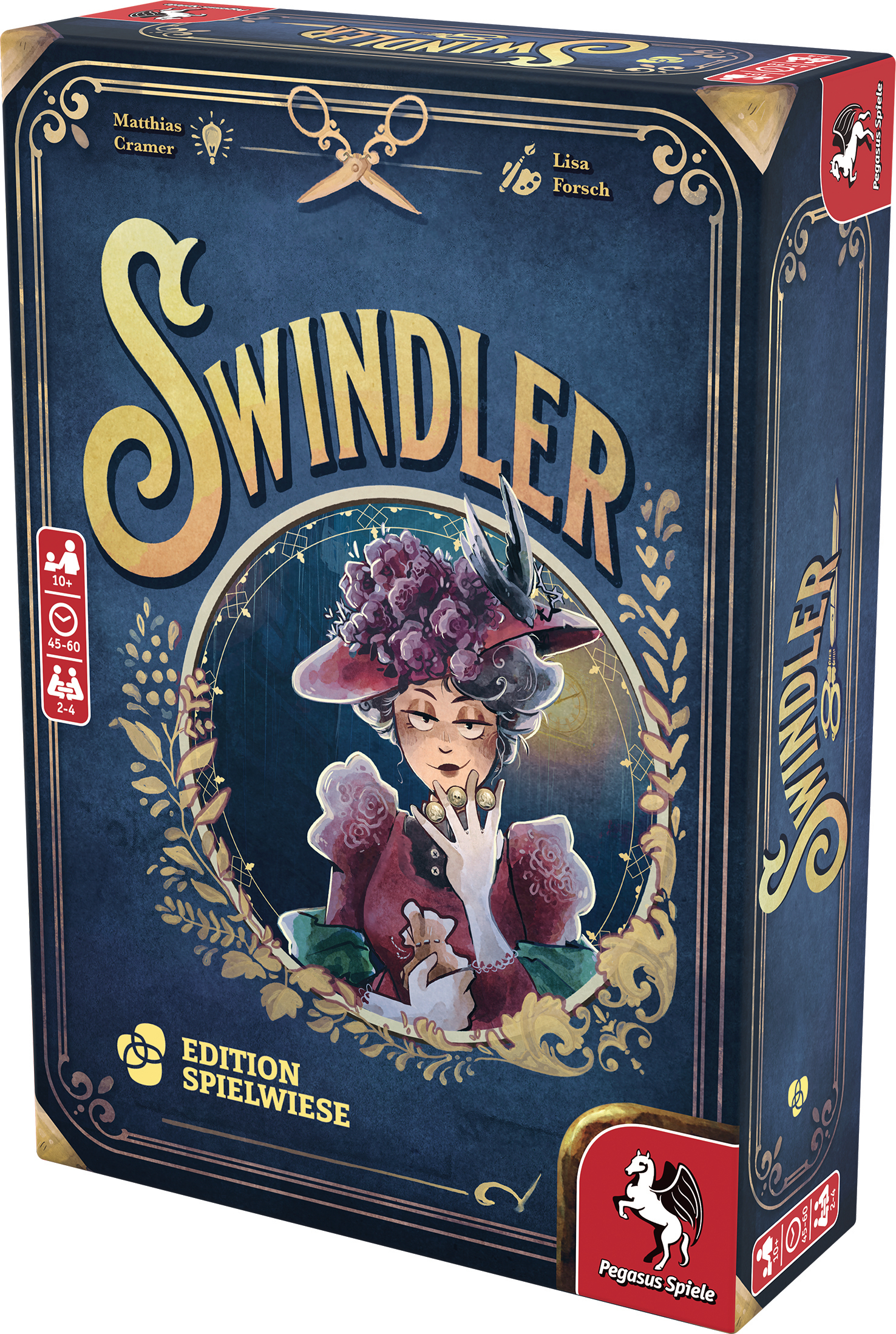 Spielbox: Swindler, mit Frau mit Hut auf der Vorderseite. Der Spieletitel ist in Goldbuchstaben. Dunkelblauer Hintergrund.