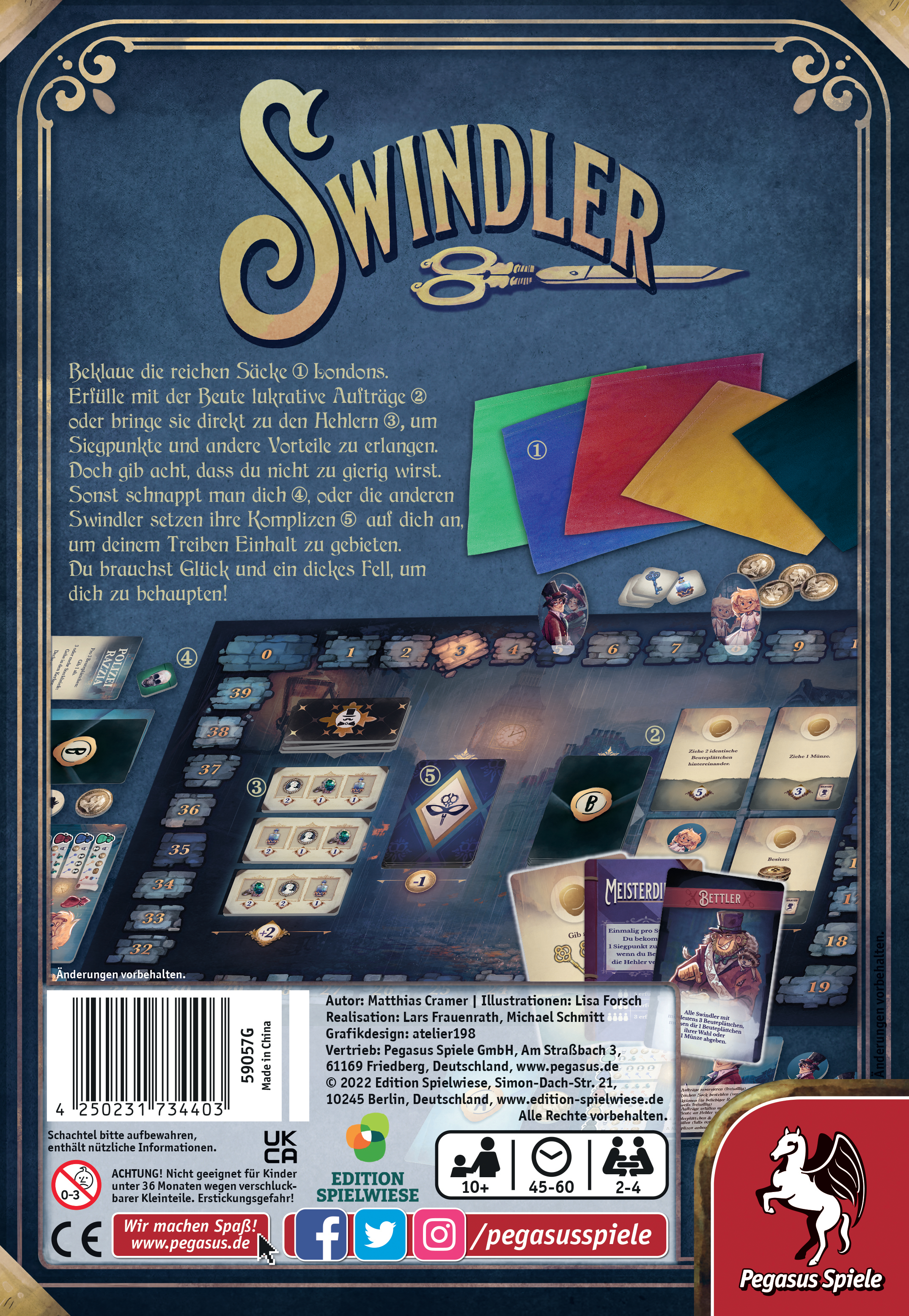 Brettspielbox mit Titel 'Swindler', Schere, Karten und Spielsteinen.