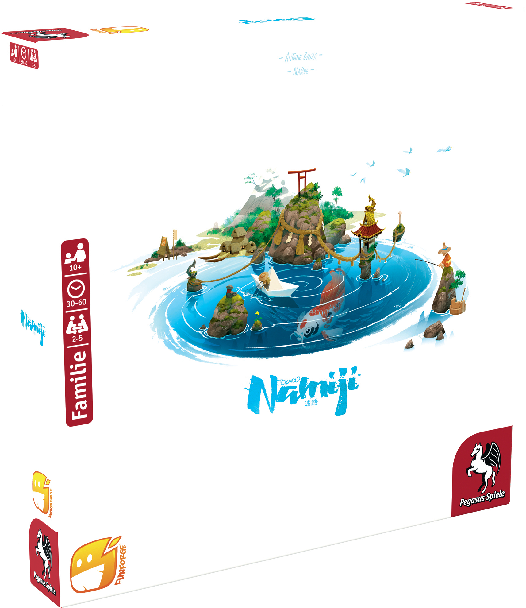 Brettspiel-Box mit einer bunten Illustration einer Insel und eines Teichs.