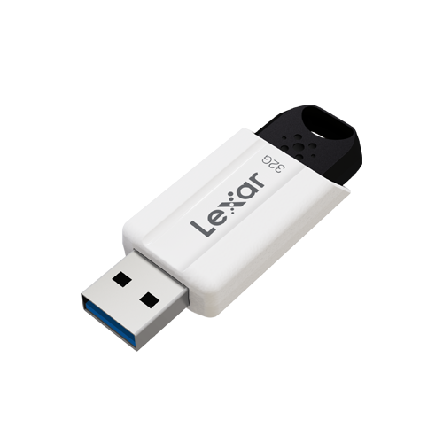 Beyaz Lexar USB sürücüsü üzerinde 32G yazılıdır. USB konektörü mavidir.