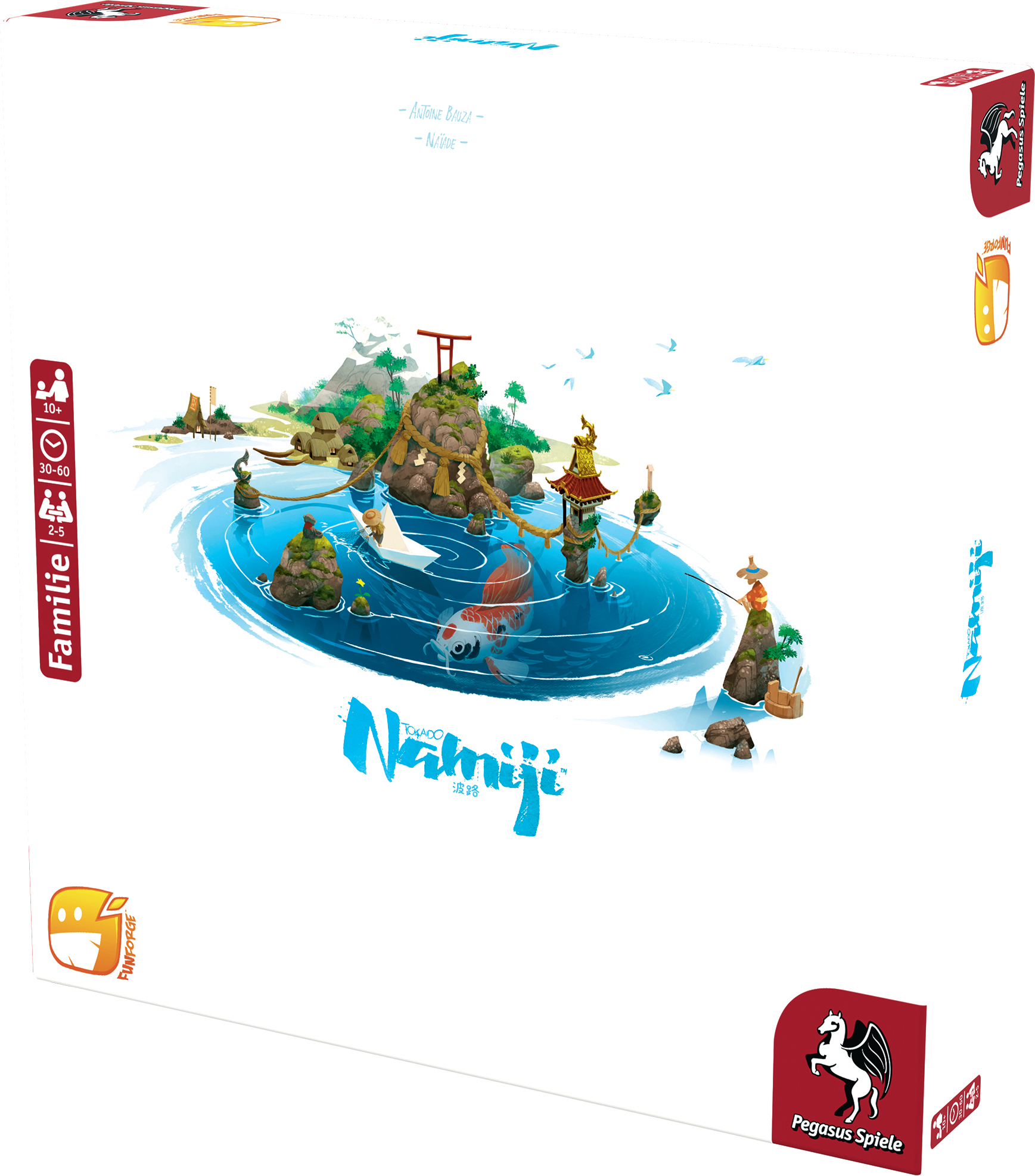 Spielbox mit einem Koi-Fischteich, einem Gebäude und einem Boot.