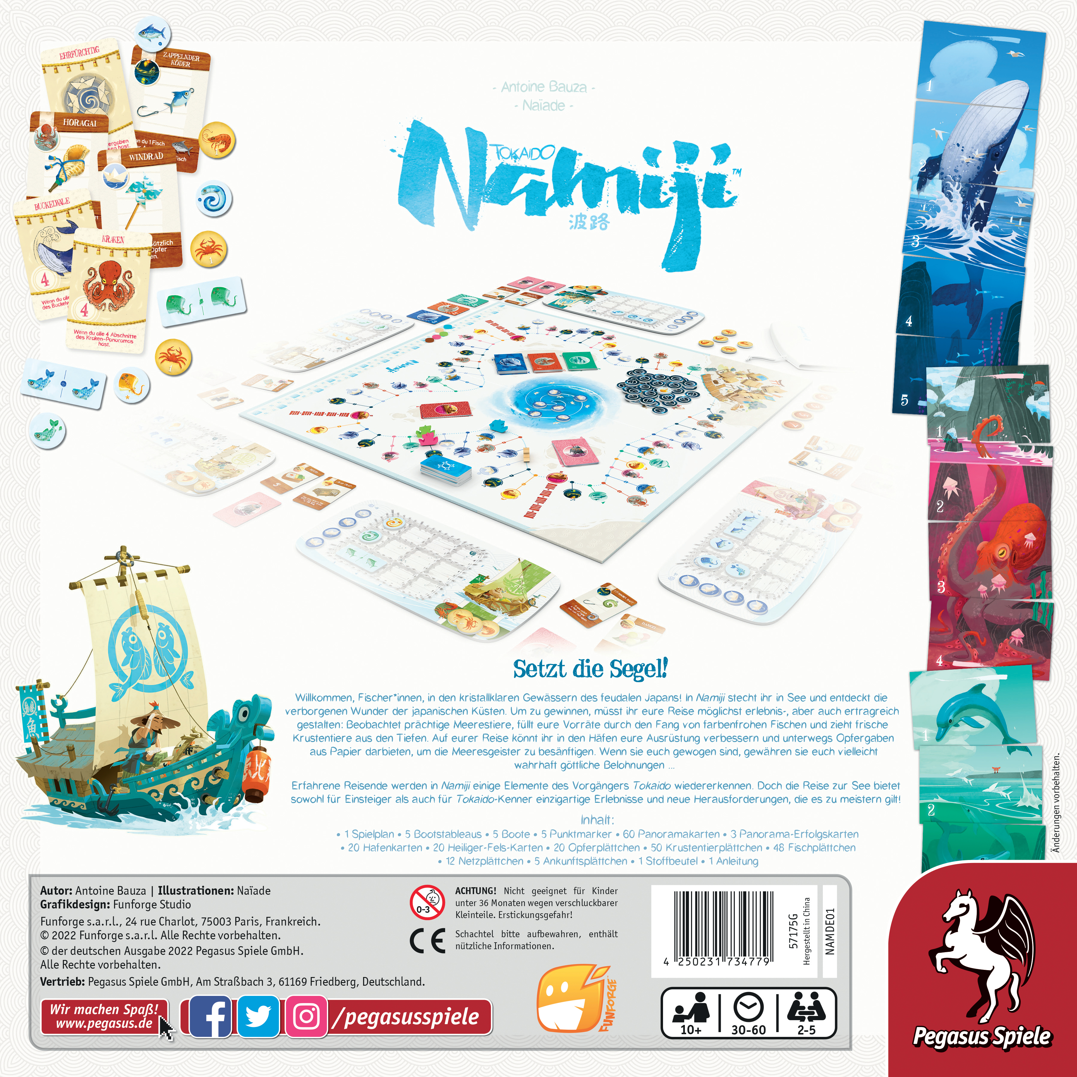 Brettspielbox mit Spielsteinen, Anweisungen und einem nautischen Thema.