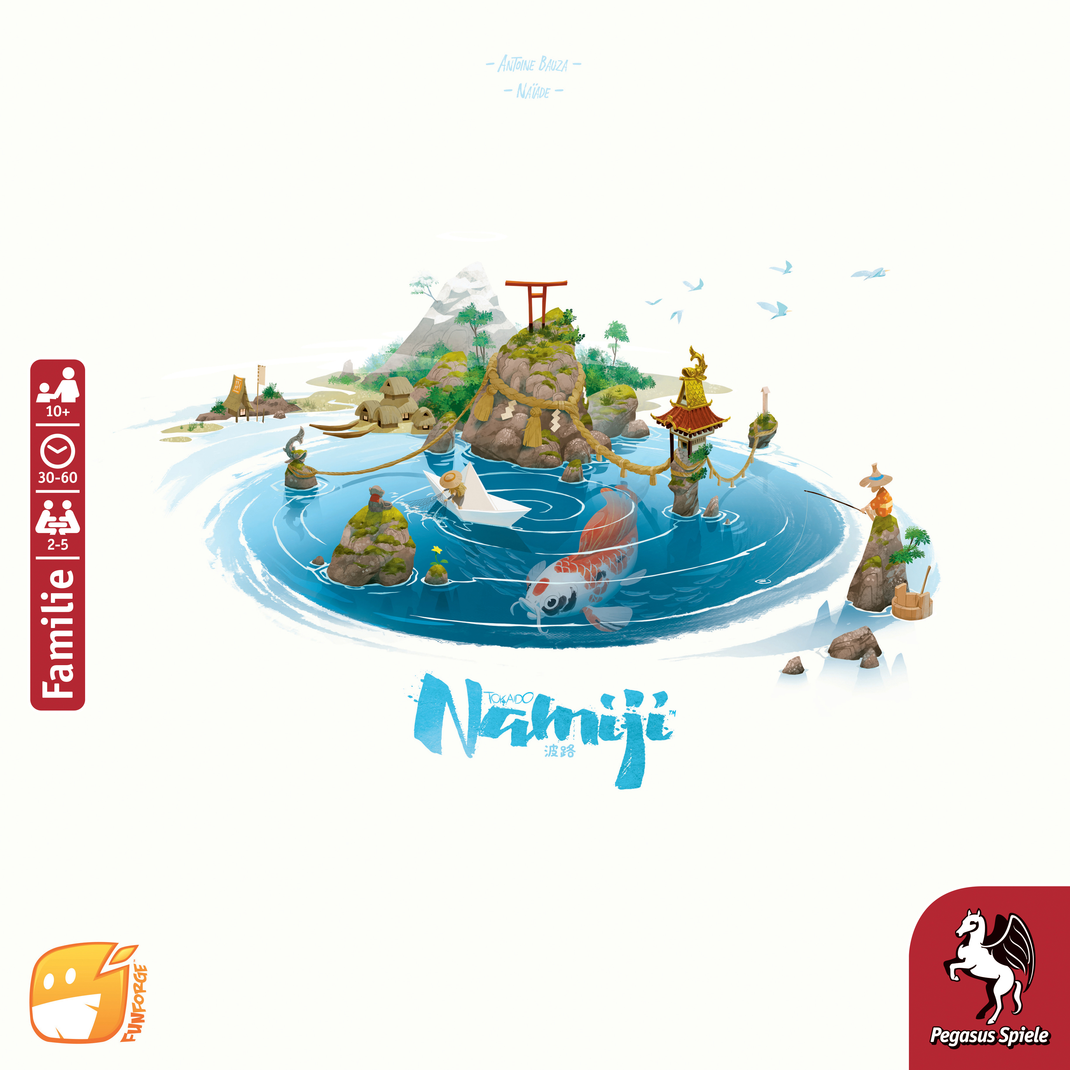 Namiji-Spielcover. Cartoon-Stil, Koi-Fische in einem Teich. Insel mit Schrein, blaue und weiße Farben.