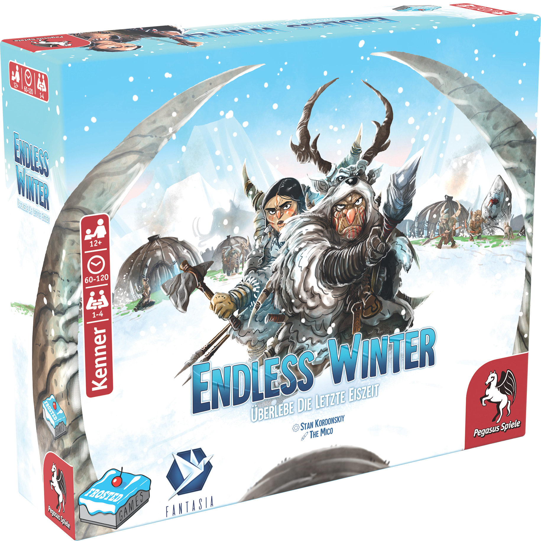 Spielbox-Art mit einer verschneiten Landschaft, einem Titel und Charakteren.