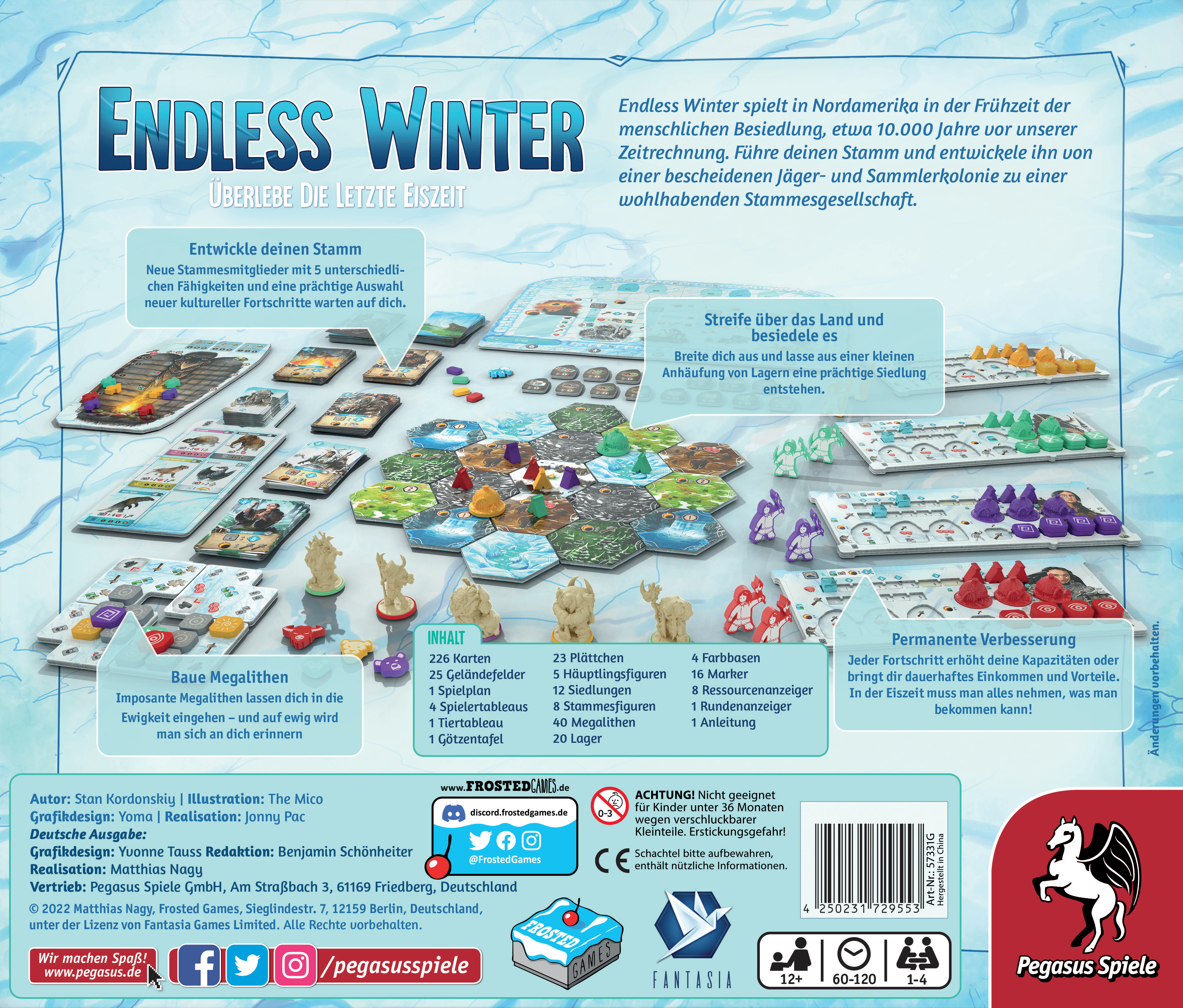 Brettspielbox. Enthält Spielsteine, Karten und Illustrationen. Titel: Endless Winter.