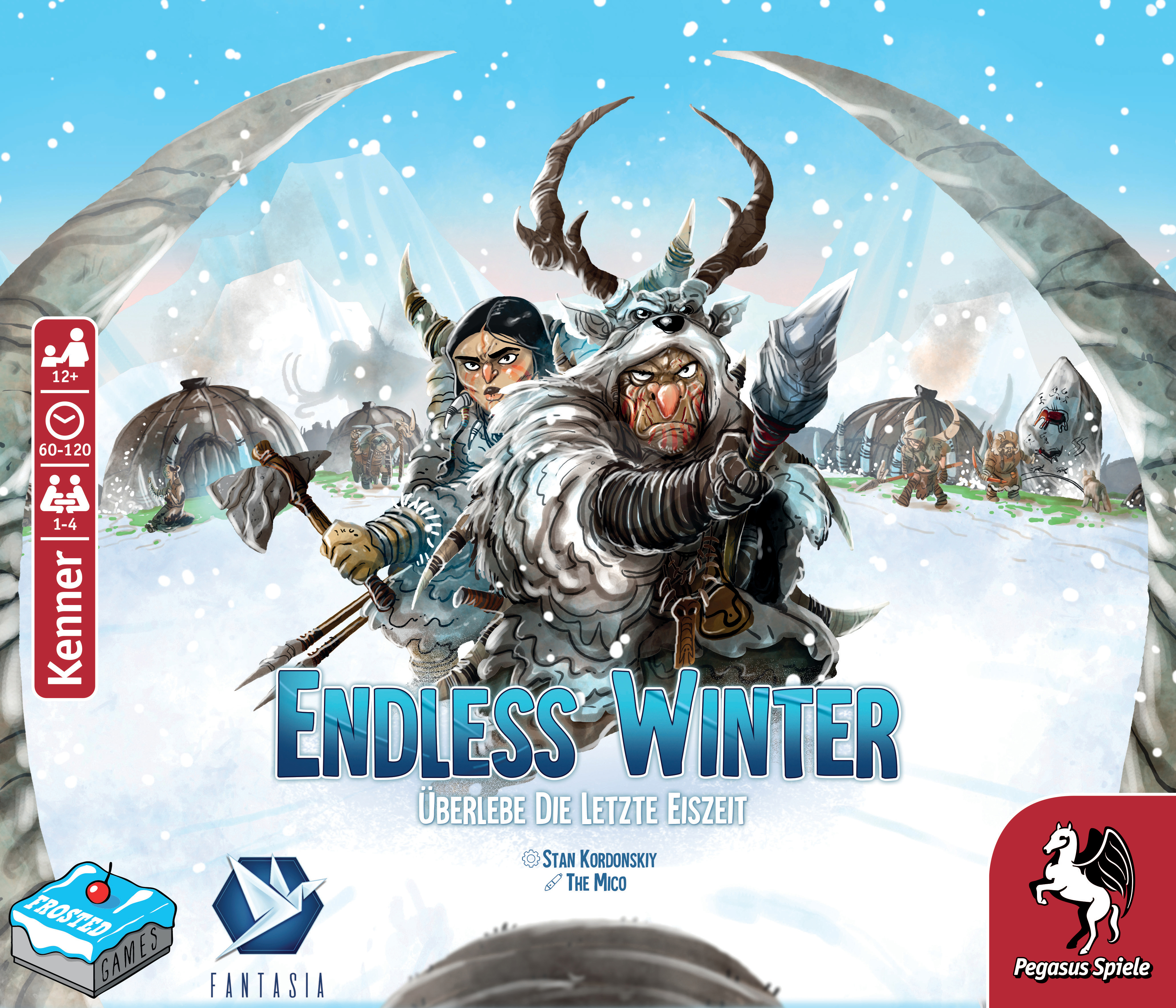 Brettspielbox mit Fantasy-Kunst. Titel: Endless Winter. Text: Überlebe Die Letzte Eiszeit.