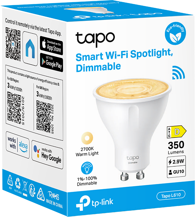 Fehér és kék doboz. Okos Wi-Fi spotlámpa. A dobozon látható a lámpa és a dimmelhetőség.