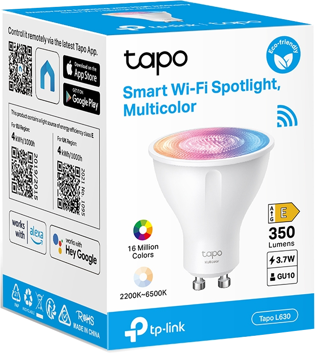 Egy fehér Tapo okos Wi-Fi spotlámpa doboz. Egy izzót mutat, ami sok színt tud megjeleníteni.