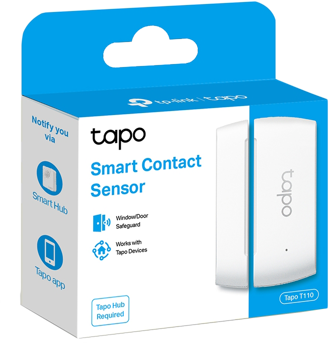 Egy doboz a "tapo Smart Contact Sensor" felirattal. A doboz kék és fehér.