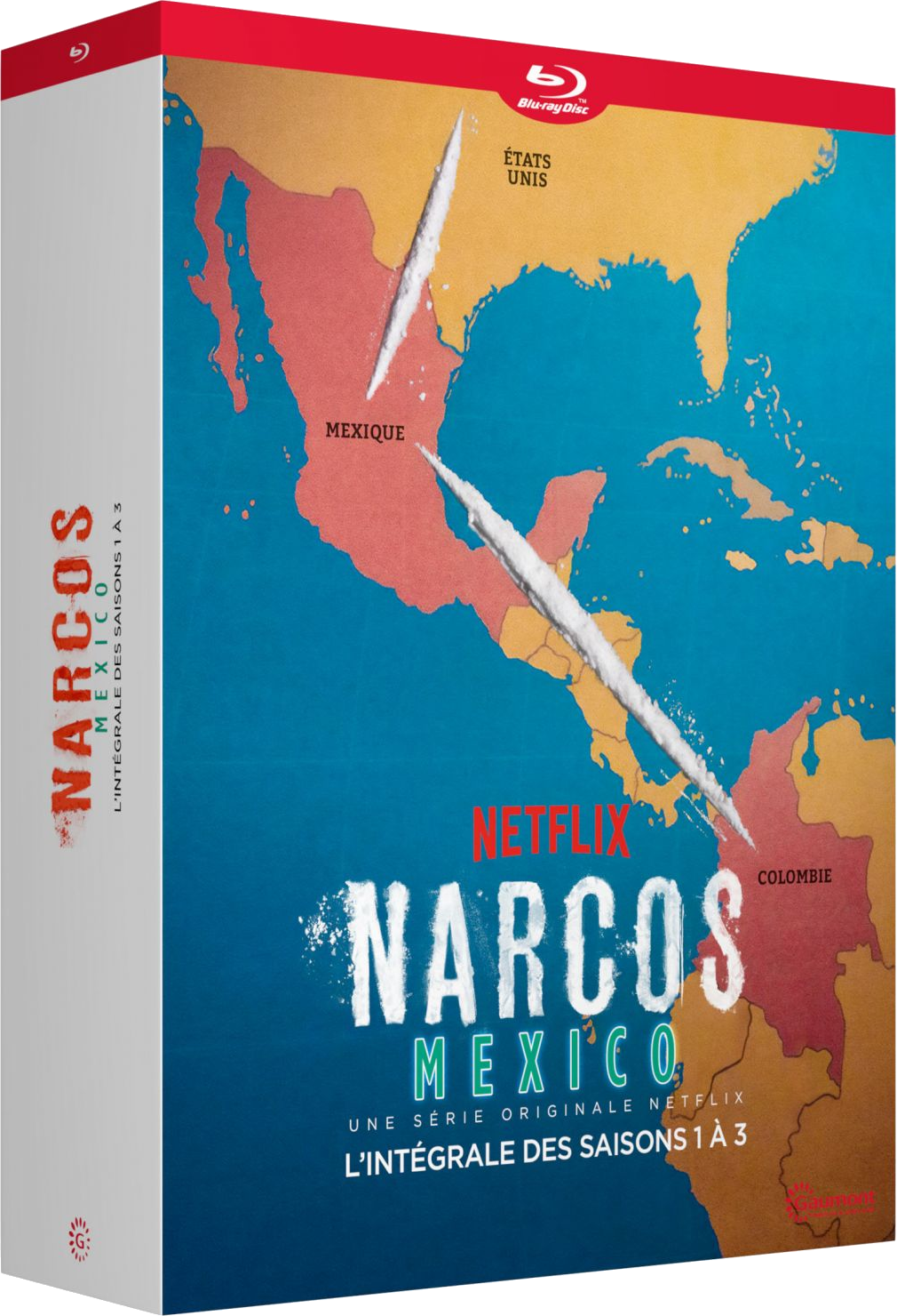 Coffret Blu-ray Narcos: Mexico. Carte du Mexique et de la Colombie avec des lignes représentant les routes.