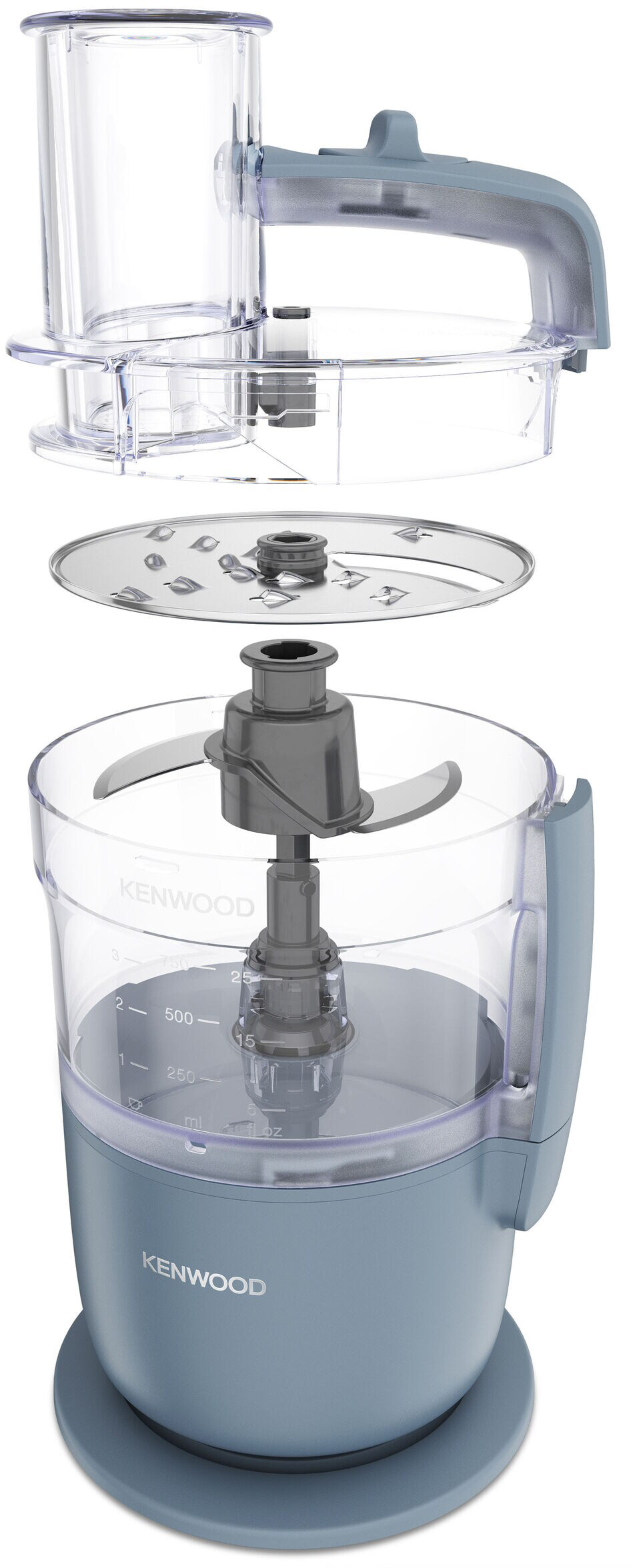 Zerlegter Kenwood-Küchenmixer, der Komponenten zeigt: Schüssel, Klinge und Deckel.