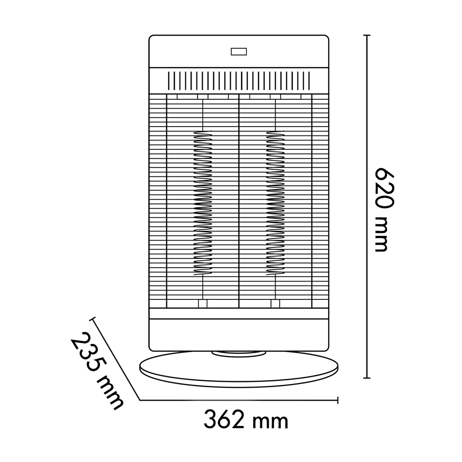 Diagramma in bianco e nero di un riscaldatore, con dimensioni: altezza 620 mm, base 362 mm, larghezza 235 mm.