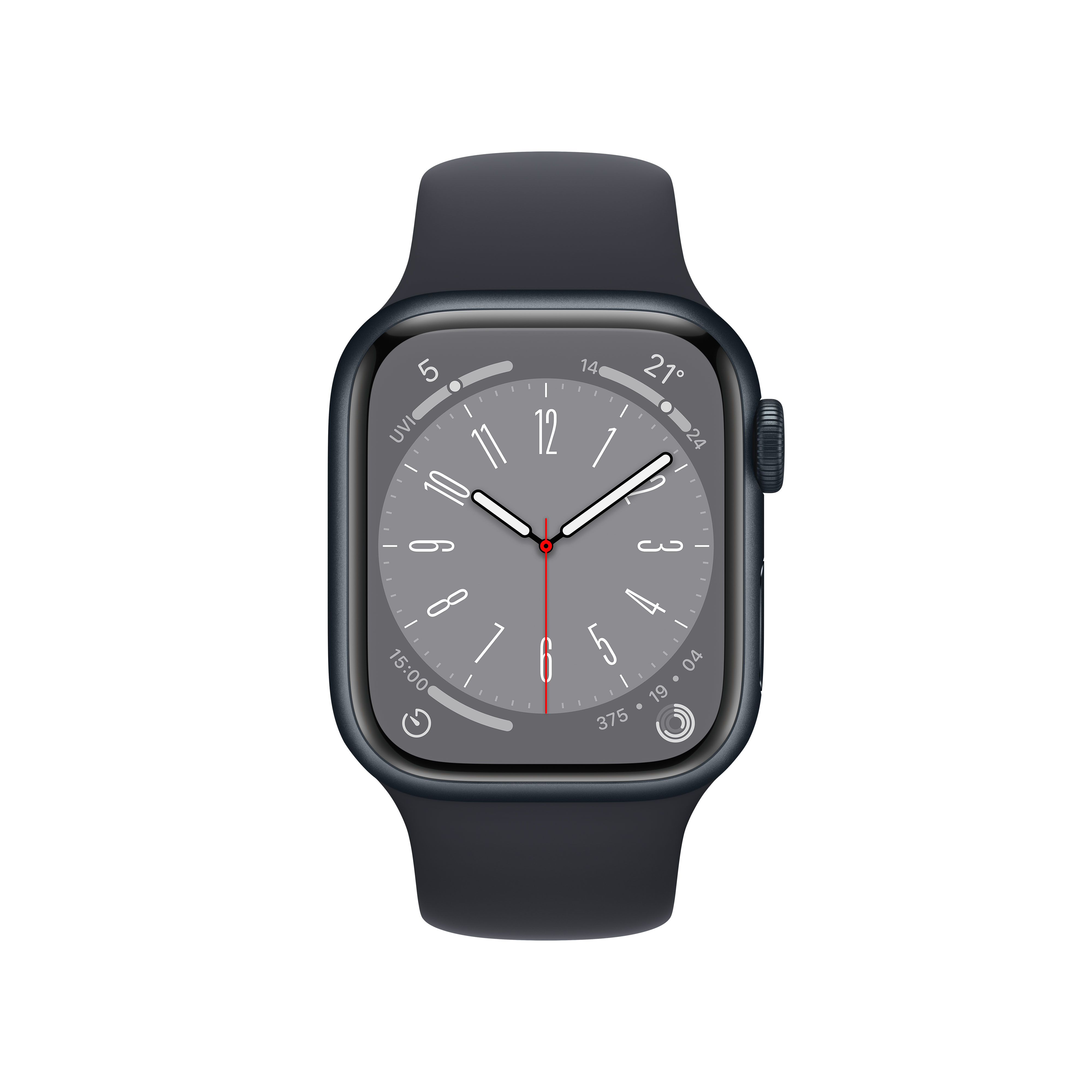 Eine Apple Watch auf weißem Hintergrund. Die Uhr zeigt die Zeit und hat ein dunkles Armband.