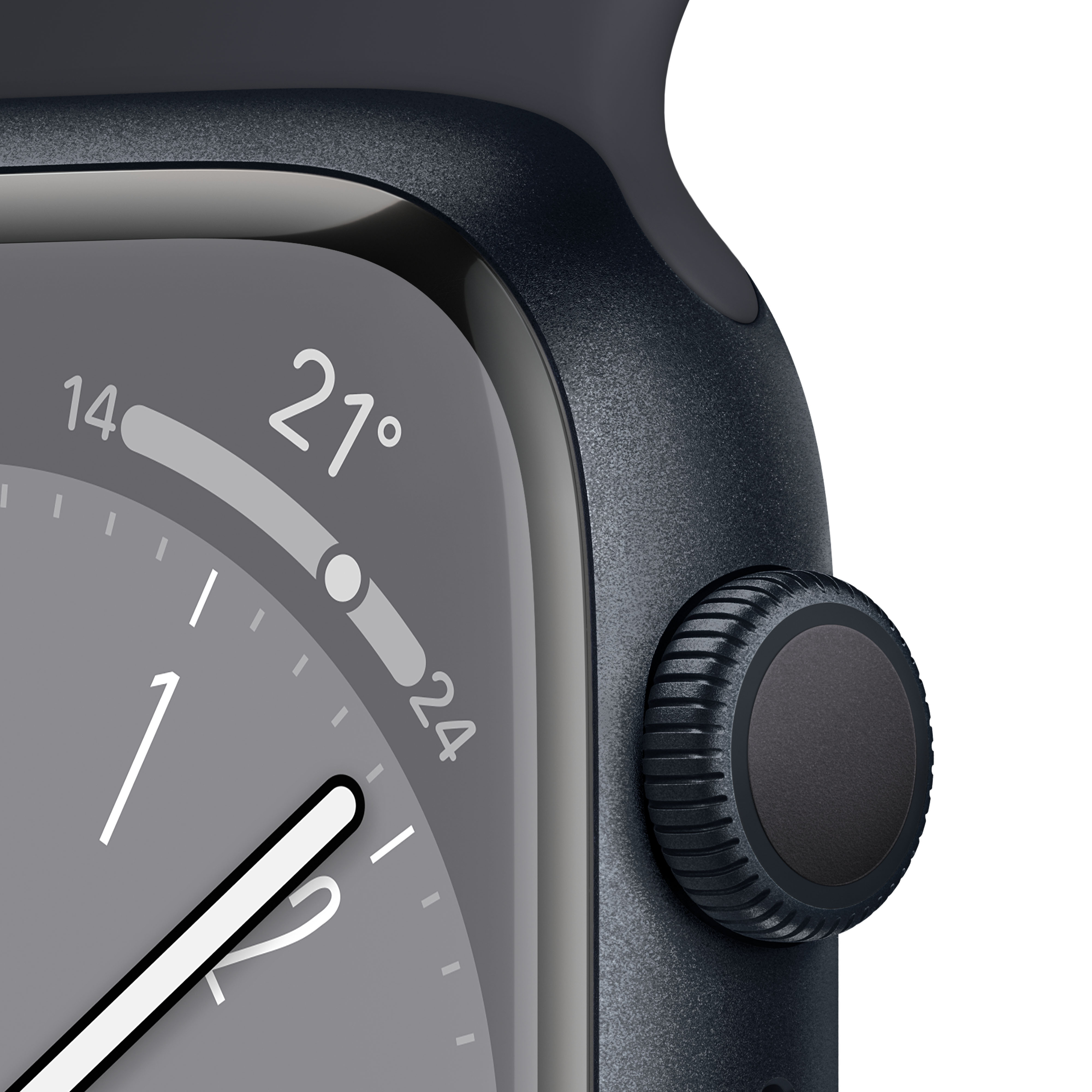 Apple Watch Series 7. Das Zifferblatt zeigt Uhrzeit, Datum und Temperatur. Die Uhr ist dunkelblau.