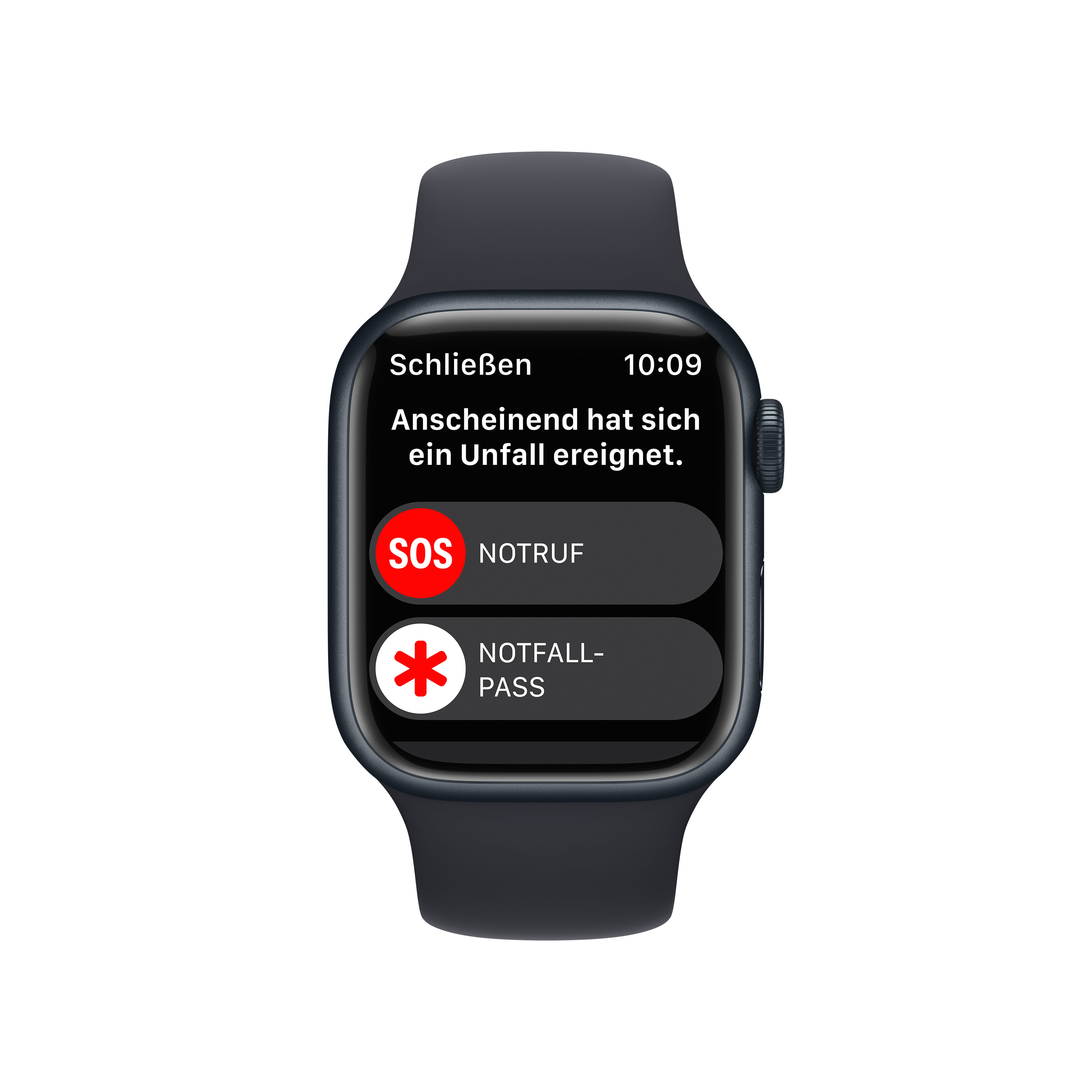 Eine schwarze Apple Watch, die einen SOS-Bildschirm und einen Notfallkontakt anzeigt.