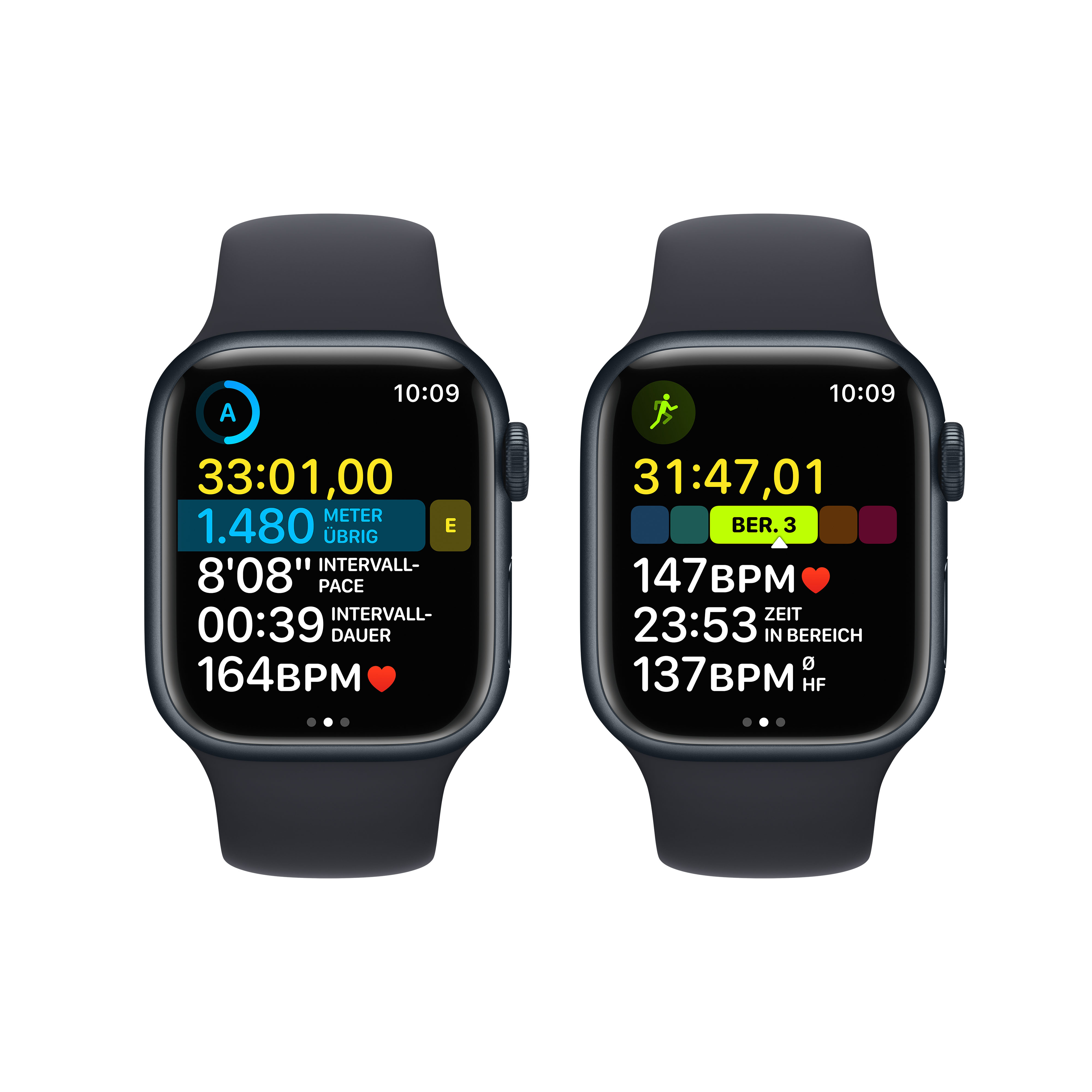 Zwei Smartwatches mit Fitnessdaten: Zeit, Distanz, Herzfrequenz und Trainingsdetails.