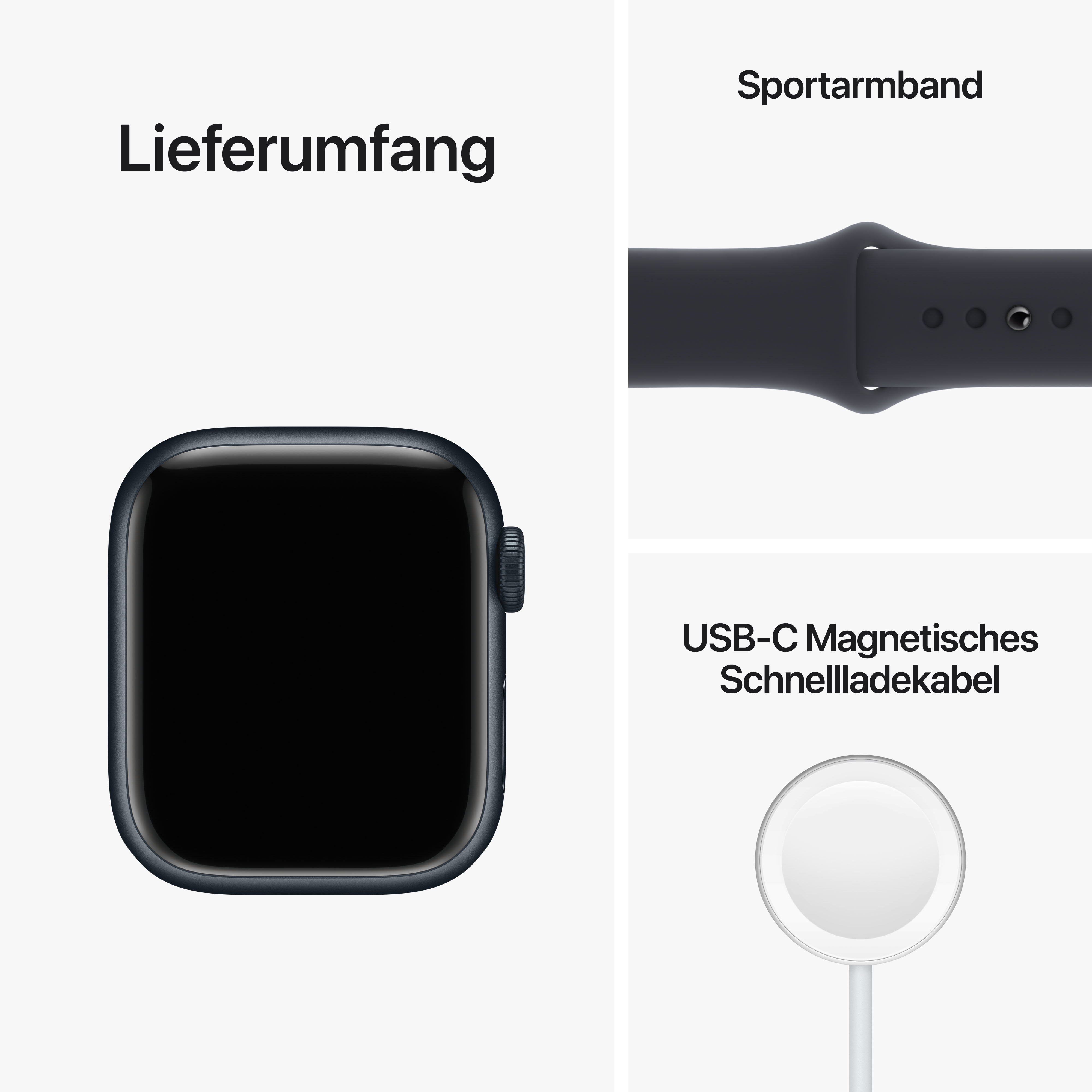 Eine Apple Watch, ein Sportarmband und ein magnetisches USB-C-Schnellladekabel.