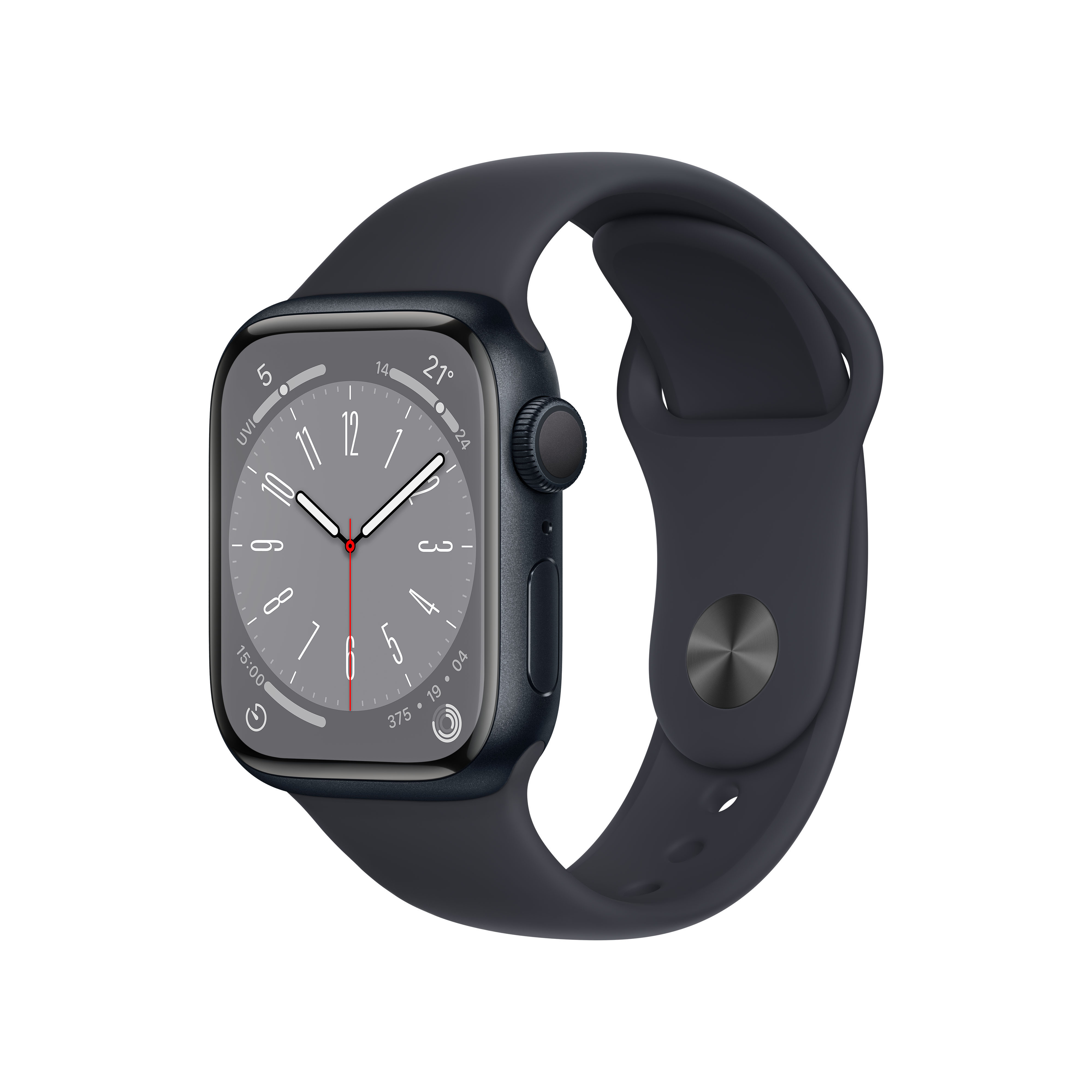 Eine Apple Watch Series 8 in Dunkelblau. Es zeigt die Uhrzeit und das Datum.