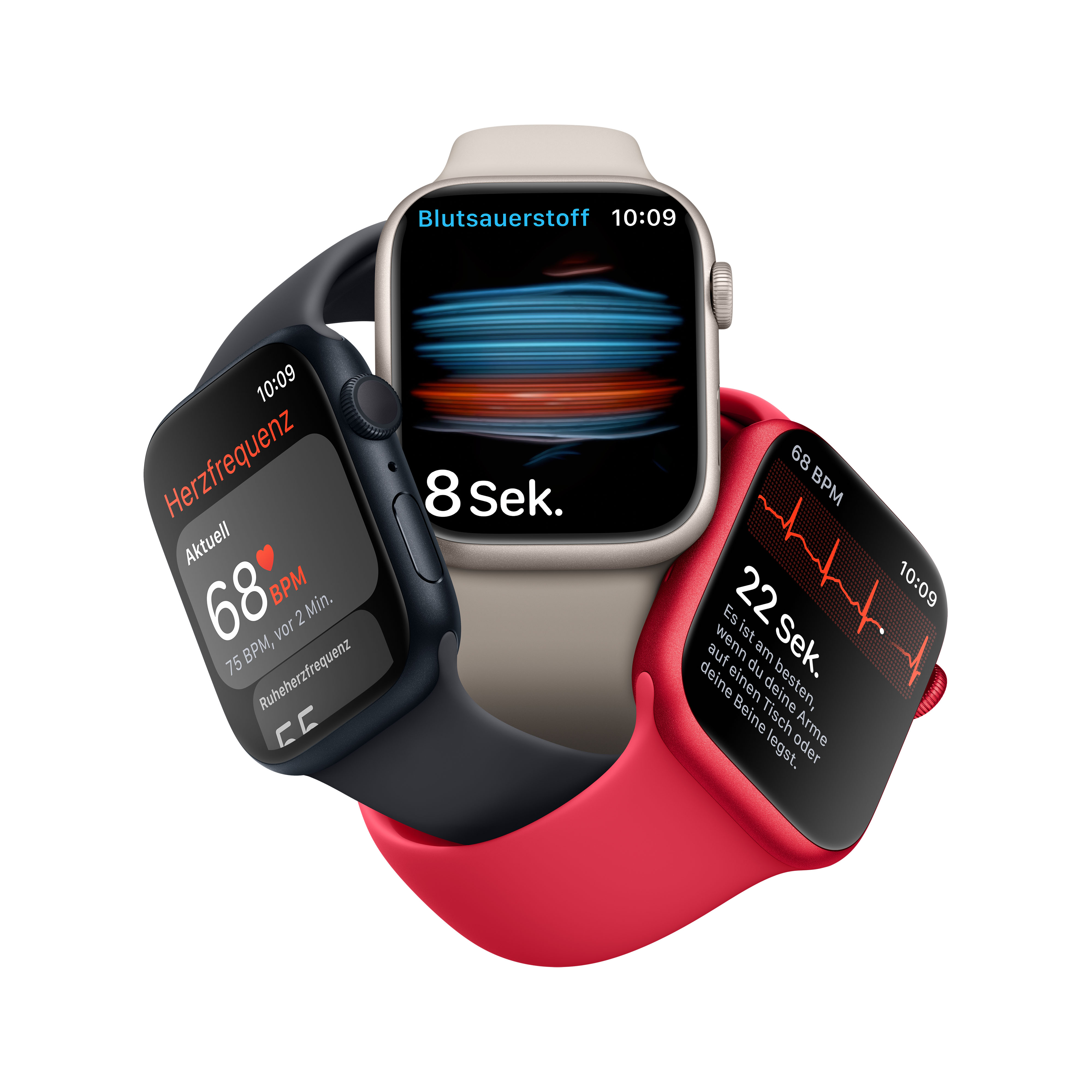Drei Smartwatches mit Gesundheitsdaten.