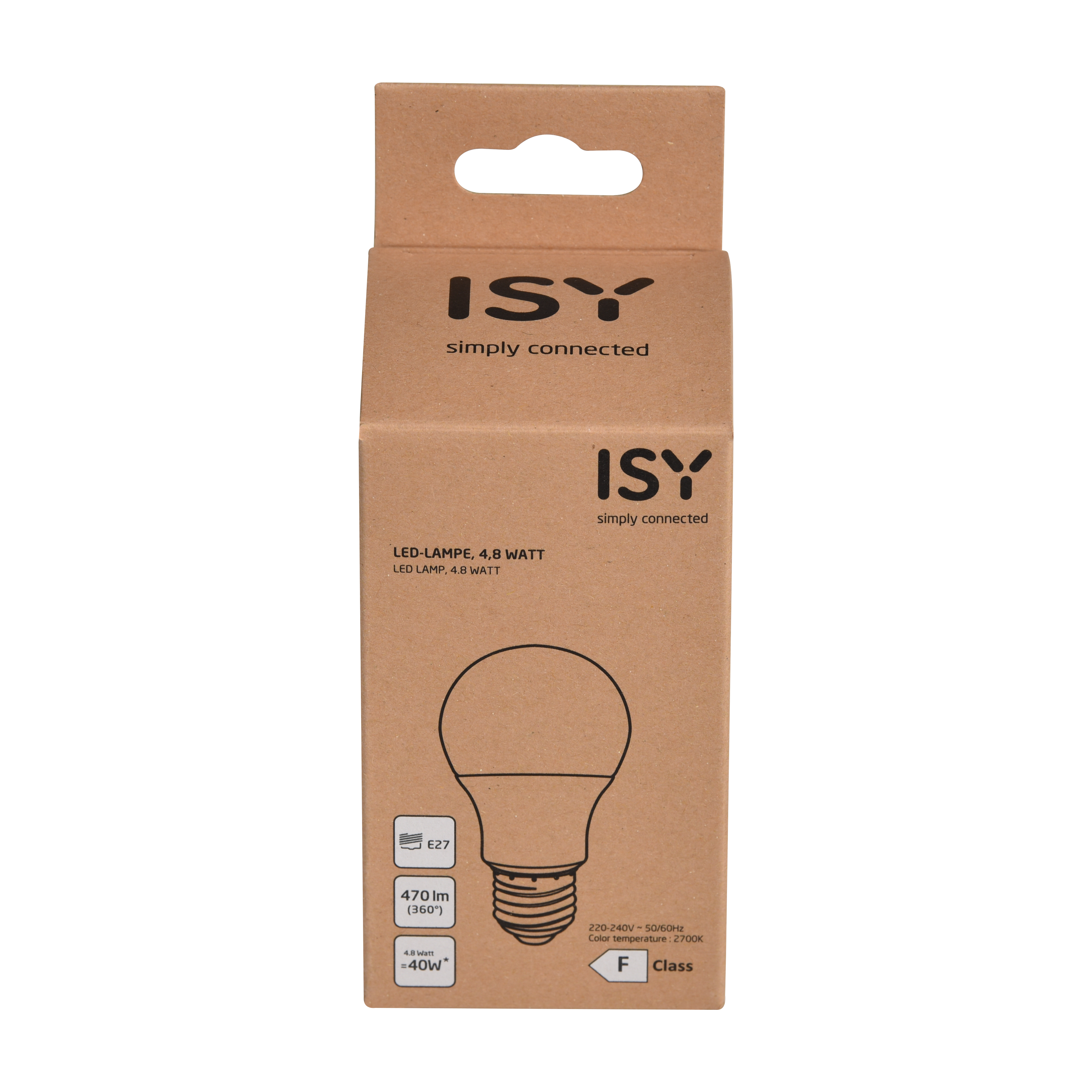 Kartonverpackung mit Glühbirnen-Grafik und ISY-Logo, auf weißem Hintergrund.