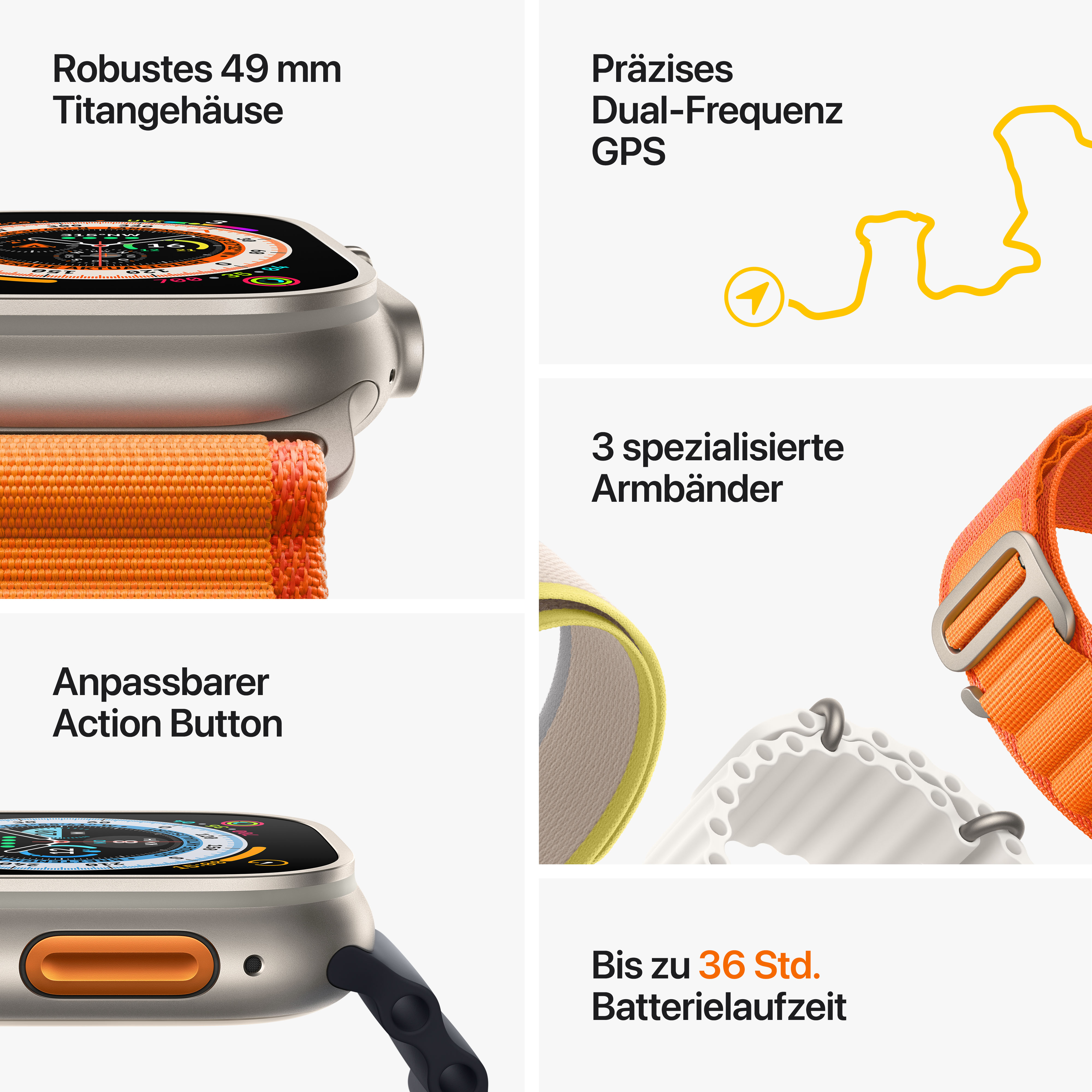 Nahaufnahme einer Uhr mit orangefarbenem Armband und Textbeschreibungen.