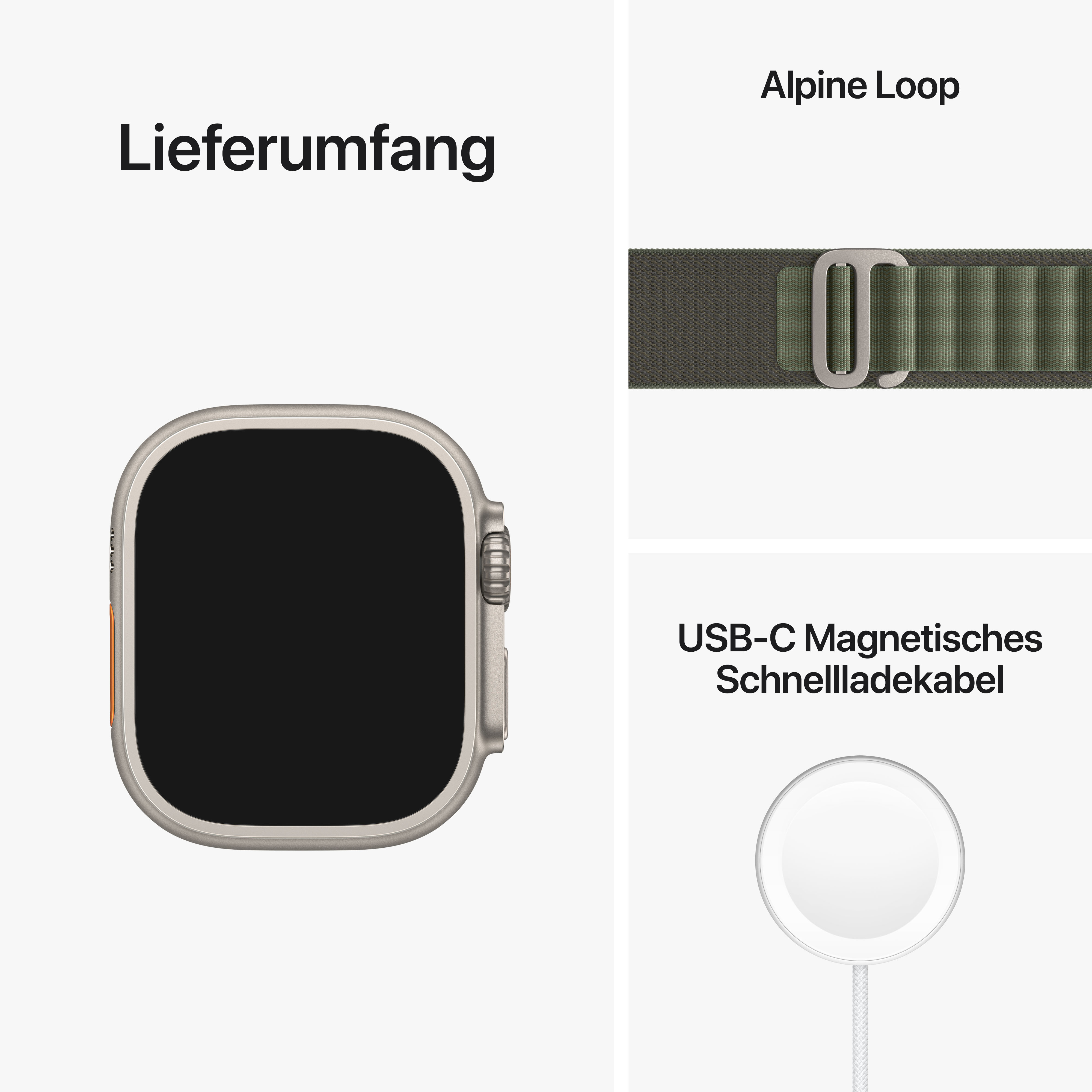 Apple Watch Ultra, ein Armband und ein Ladekabel auf weißem Hintergrund.