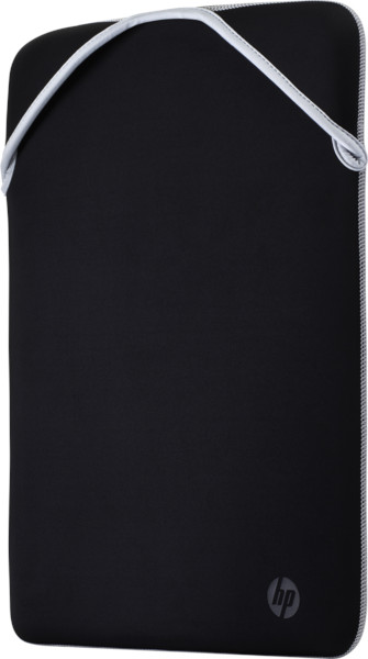 Black laptop sleeve with white trim and the HP logo in the bottom right corner.
