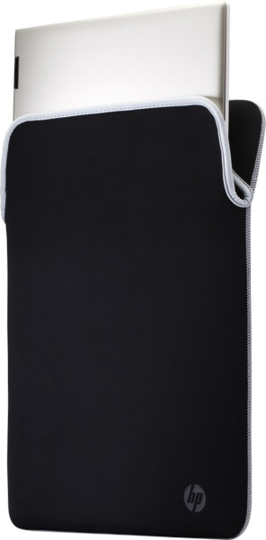 A black laptop sleeve with a white border. An open laptop is partially inserted into the sleeve.
