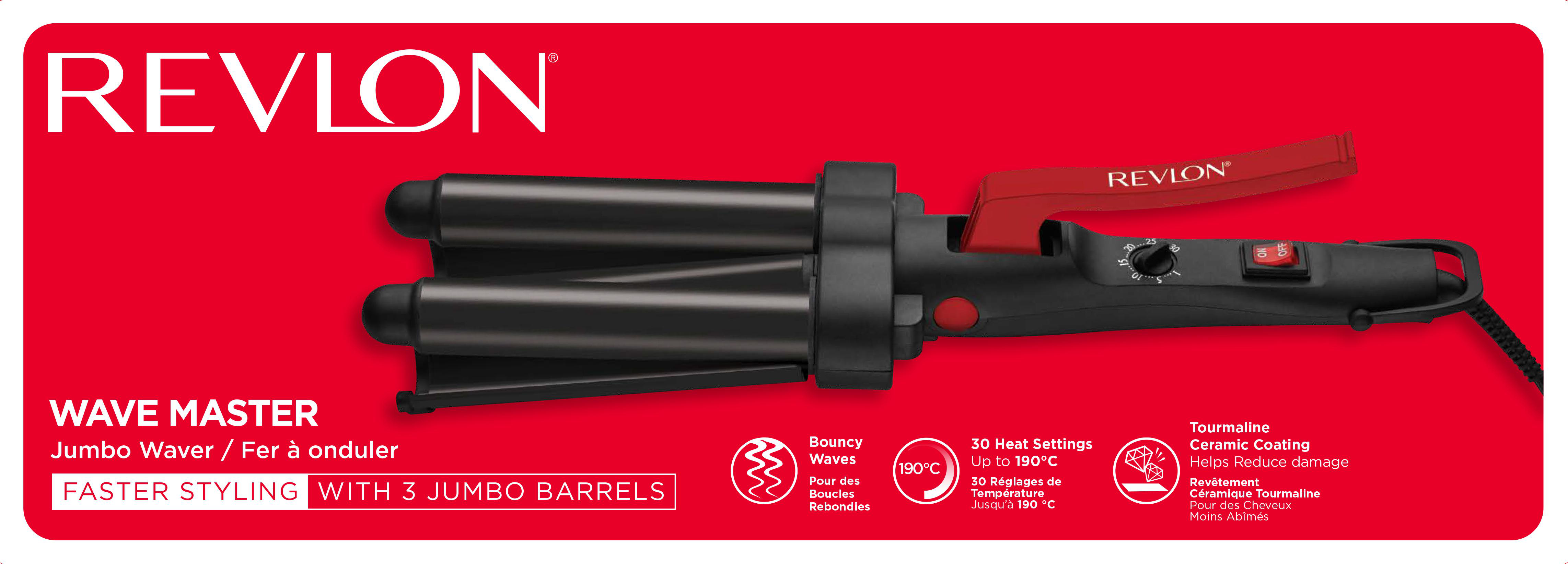 Ein Revlon Wave Master Haarstyling-Tool auf rotem Hintergrund.