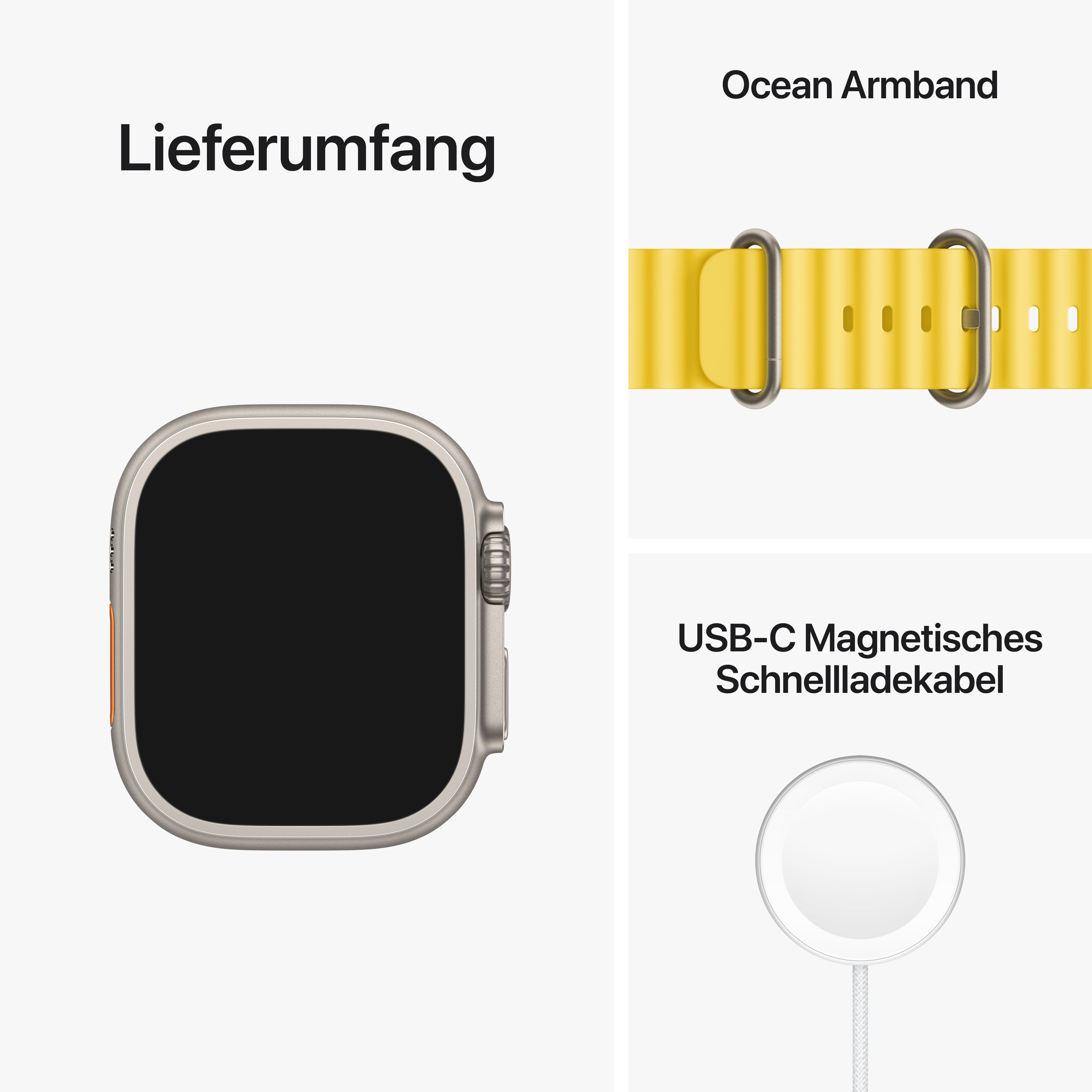 Apple Watch, gelbes Armband und Ladegerät. Weißer Hintergrund.