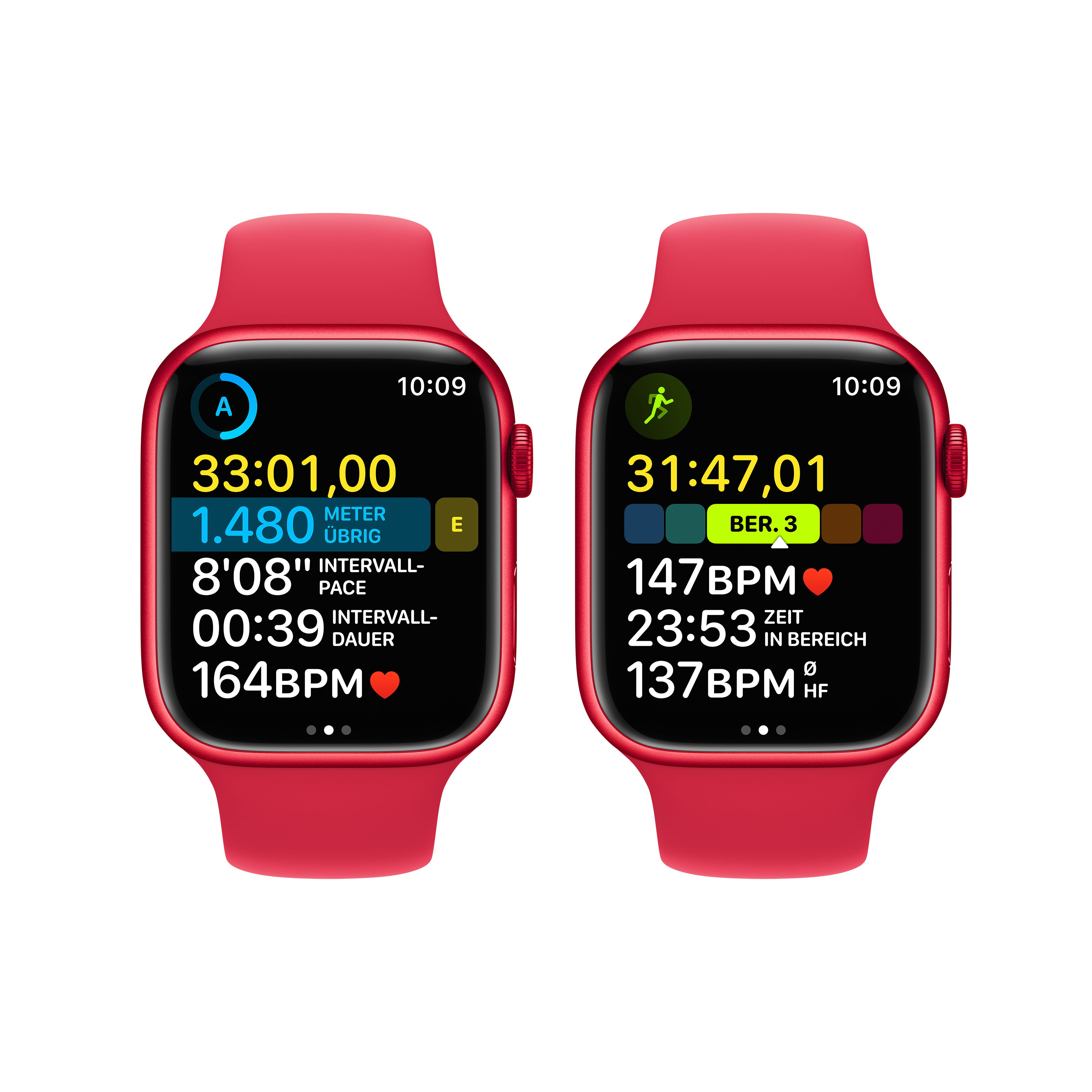 Zwei rote Apple Watches mit unterschiedlichen Bildschirmen, die Gesundheits- und Fitnessdaten anzeigen.